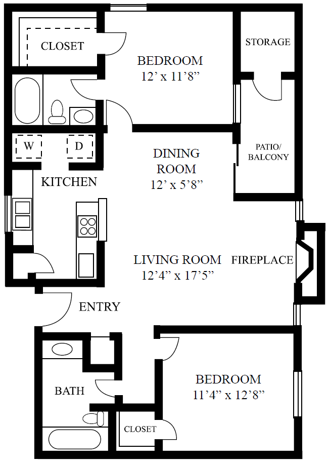 Floor plan for 2 beds, 2 baths, 946 sqft