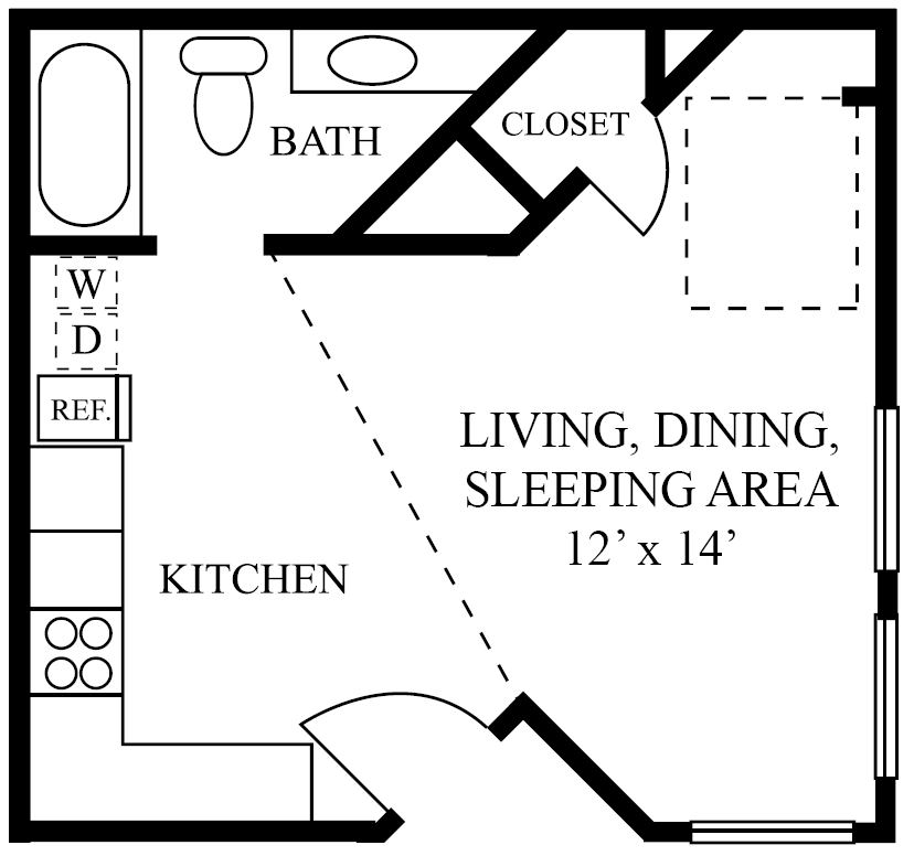 Floor plan for studio, 1 bath, 375 sqft