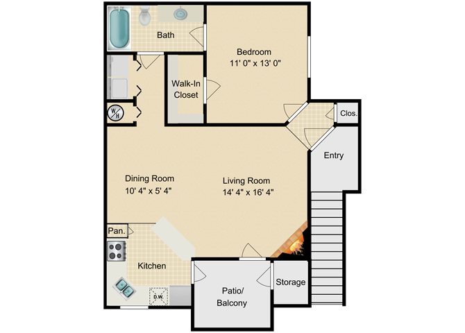 Floor plan for 1 bed, 1 bath, 795 sqft
