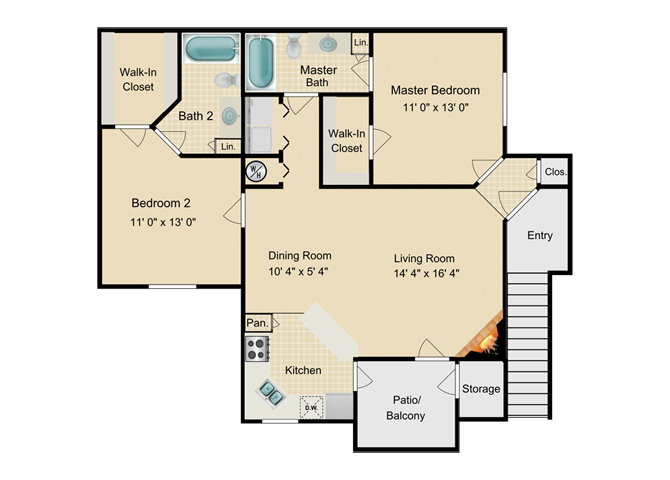 Floor plan for 2 beds, 2 baths, 1045 sqft