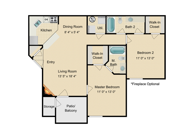 Floor plan for 2 beds, 2 baths, 1020 sqft