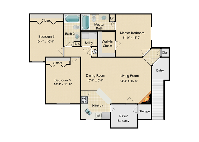 Floor plan for 3 beds, 2 baths, 1177 sqft