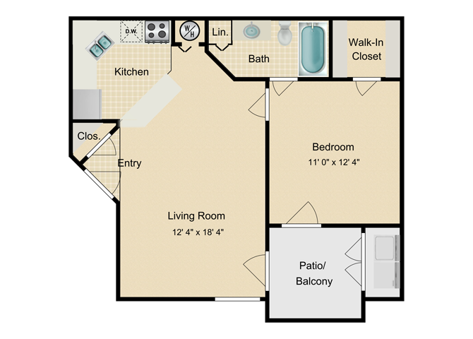 Floor plan for 1 bed, 1 bath, 658 sqft