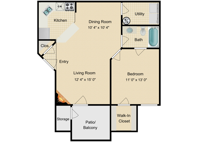 Floor plan for 1 bed, 1 bath, 773 sqft