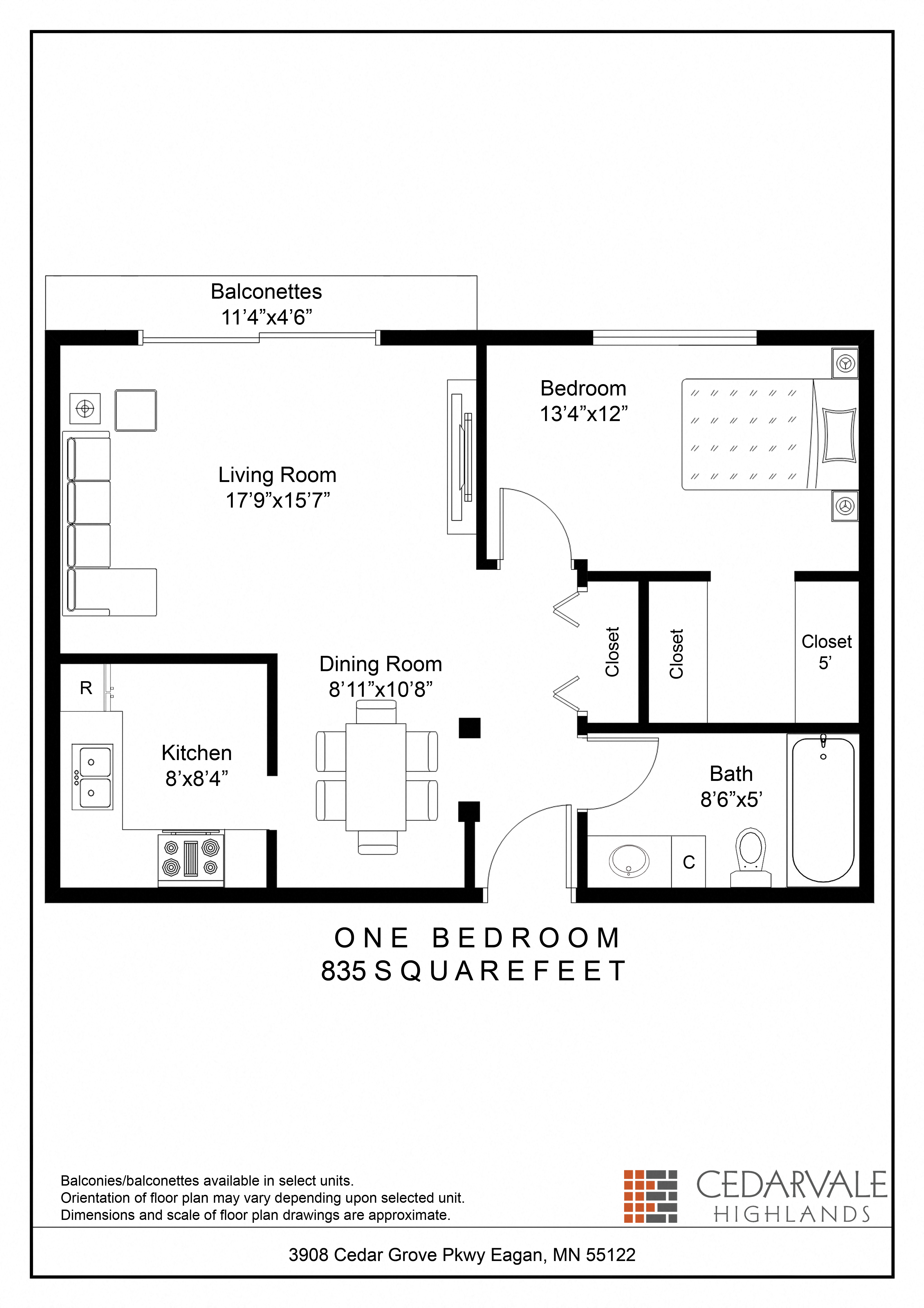 Floor plan for 1 bed, 1 bath, 835 sqft