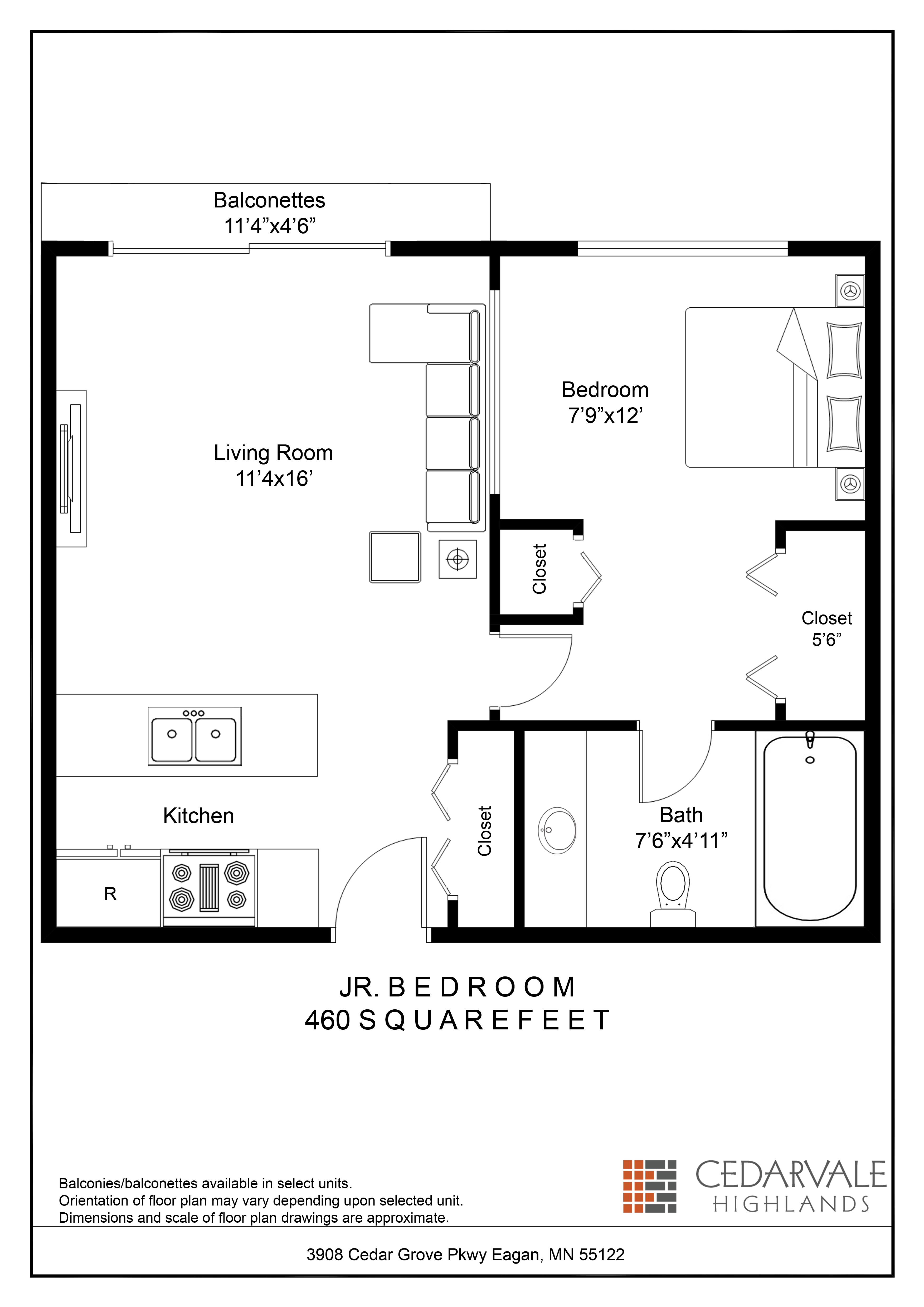 Floor plan for studio, 1 bath, 460 sqft