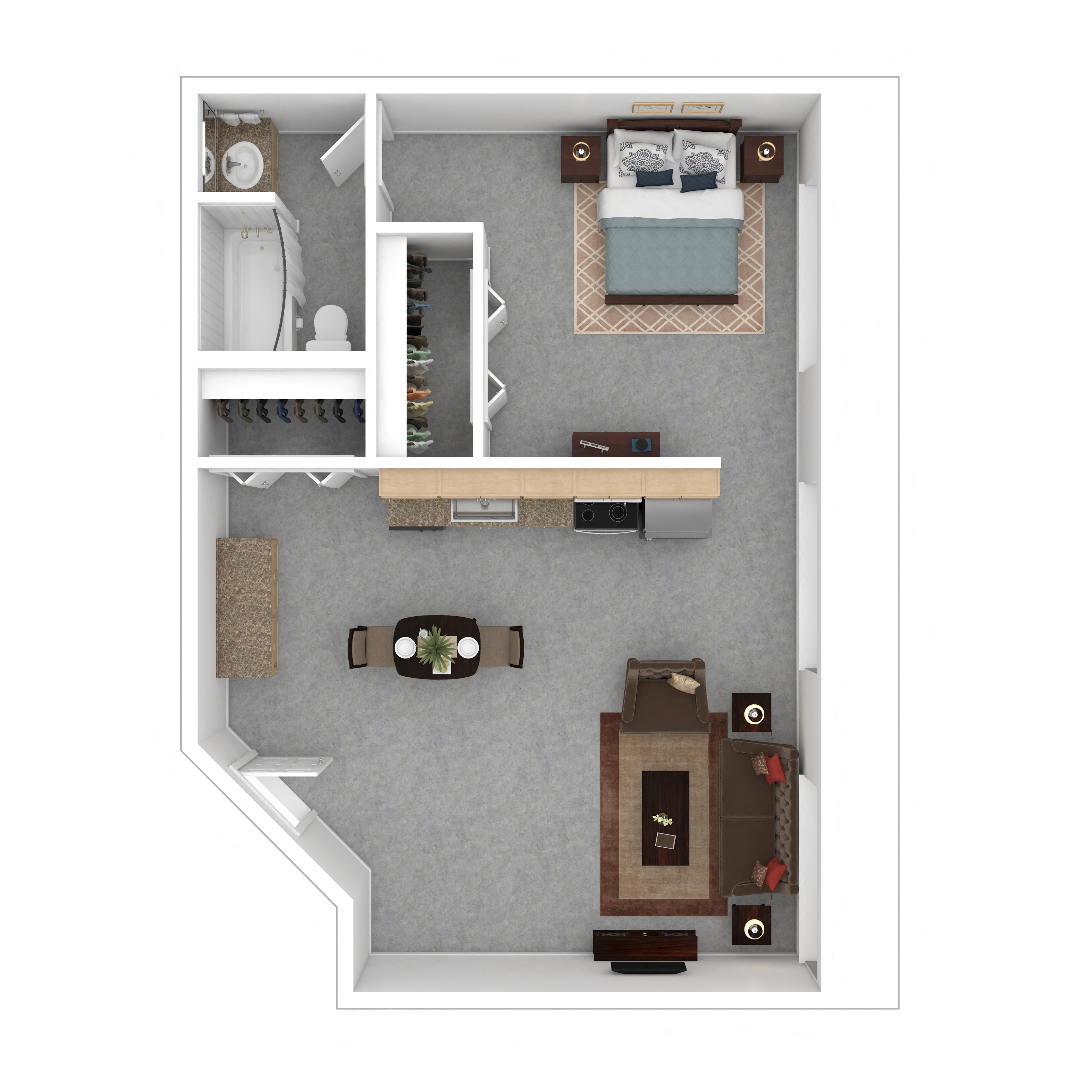 Floor plan for 1 bed, 1 bath, 659 sqft