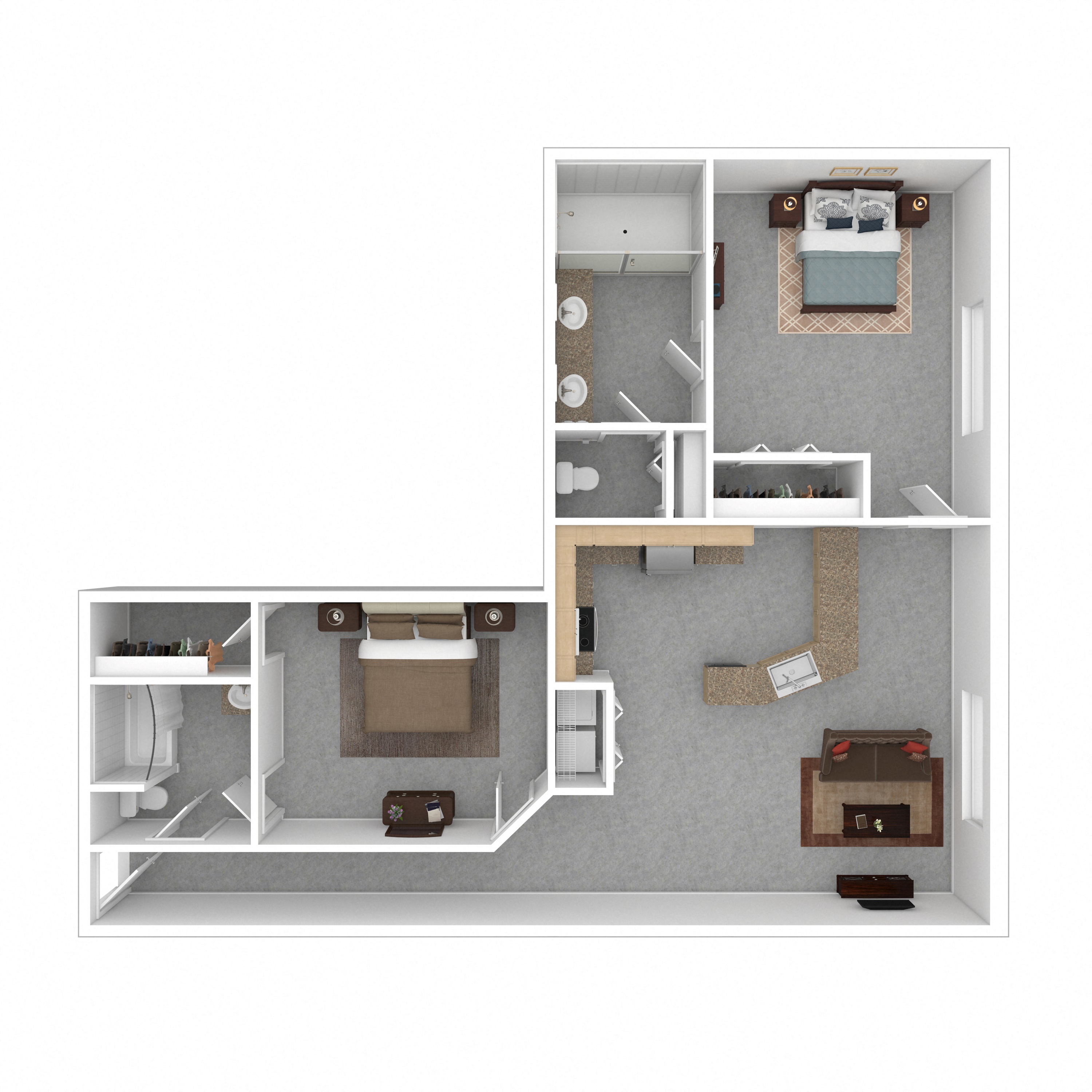 Floor plan for 2 beds, 2 baths, 1249 sqft
