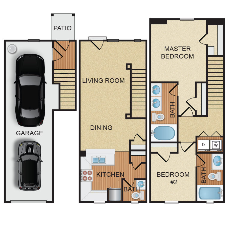 Floor plan for 2 beds, 2.5 baths, 1346 sqft