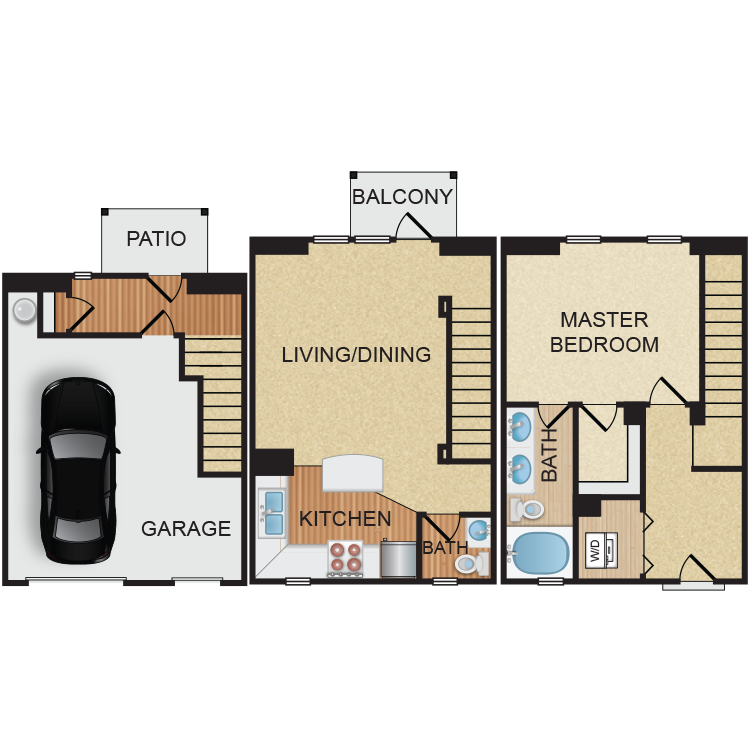 Floor plan for 1 bed, 1.5 baths, 1228 sqft