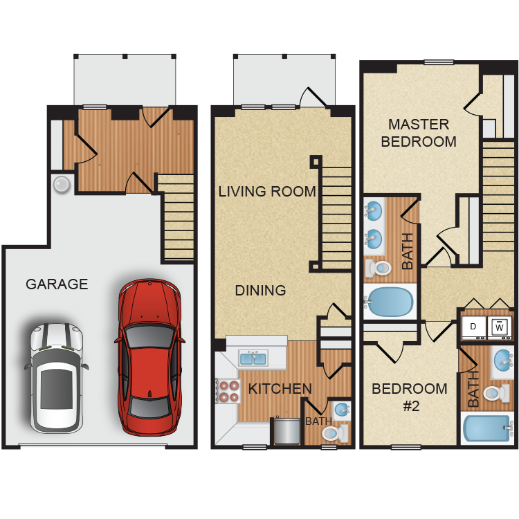 Floor plan for 2 beds, 2.5 baths, 1422 sqft