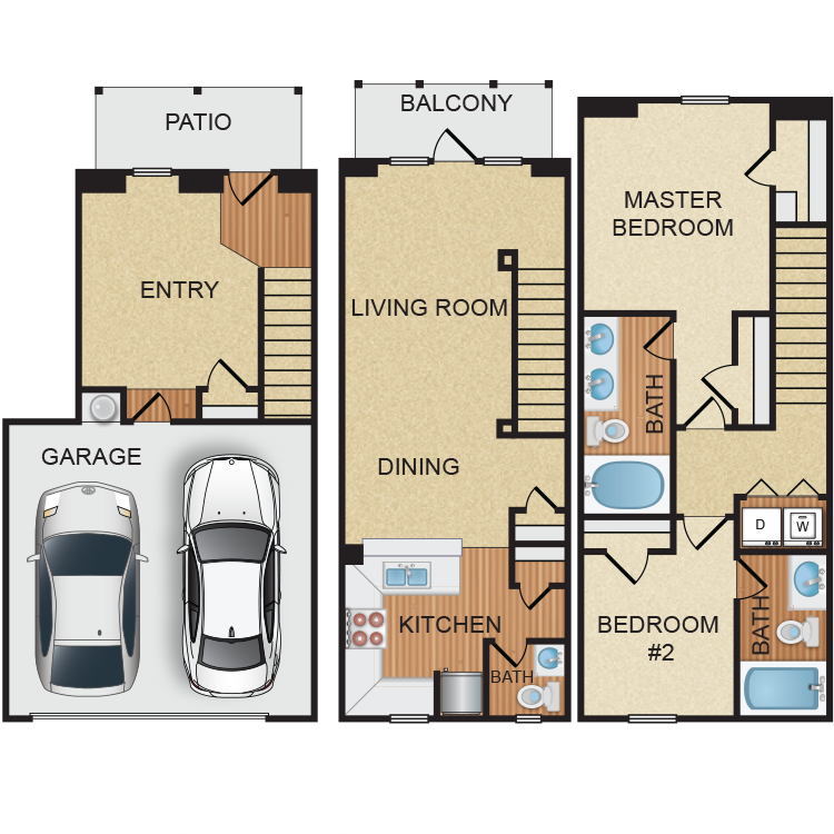 Floor plan for 2 beds, 2.5 baths, 1357 sqft