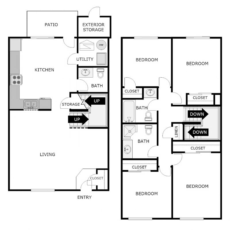 Floor plan for 4 beds, 2.5 baths, 1429 sqft