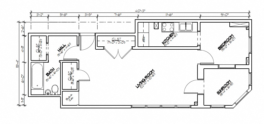 Floor plan for 1 bed, 1 bath, 540 sqft