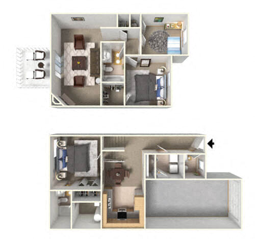 Floor plan for 3 beds, 2.5 baths, 1310 sqft