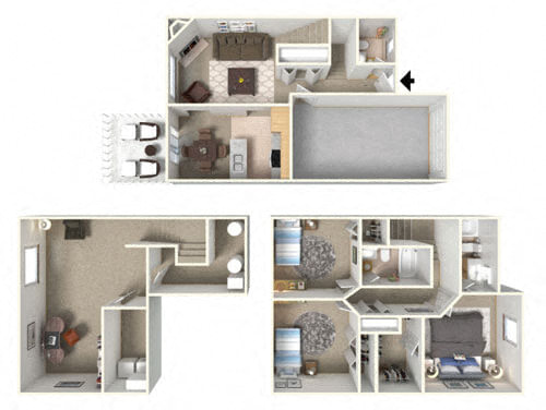 Floor plan for 3 beds, 2.5 baths, 1550 sqft