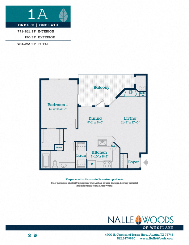 Floor plan for 1 bed, 1 bath, 821 sqft