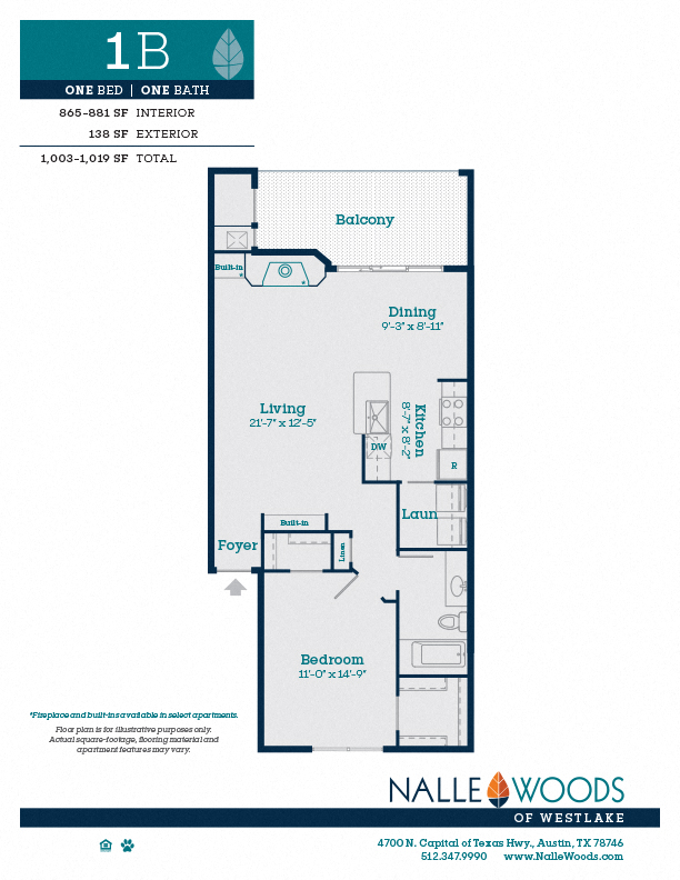 Floor plan for 1 bed, 1 bath, 881 sqft