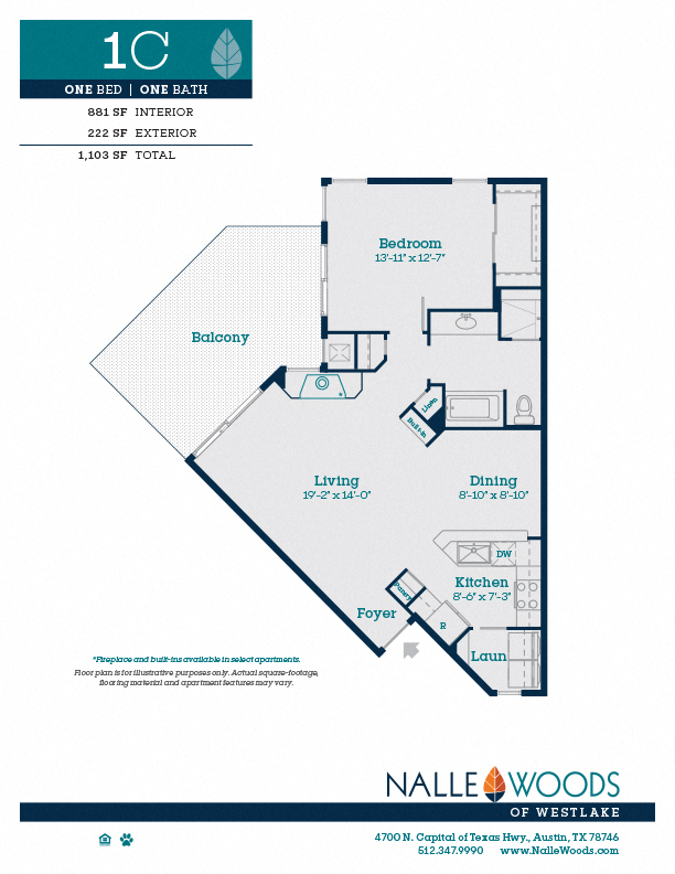 Floor plan for 1 bed, 1 bath, 881 sqft