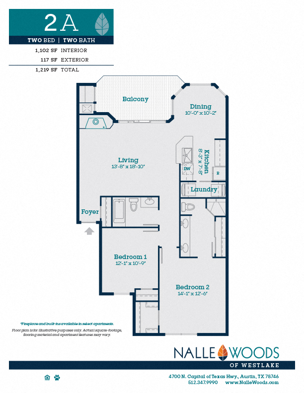 Floor plan for 2 beds, 2 baths, 1102 sqft