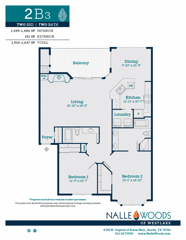 Floor plan for 2 beds, 2 baths, 1486 sqft