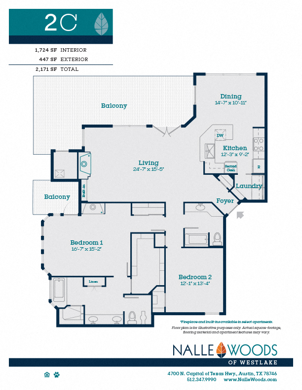 Floor plan for 2 beds, 2 baths, 1724 sqft