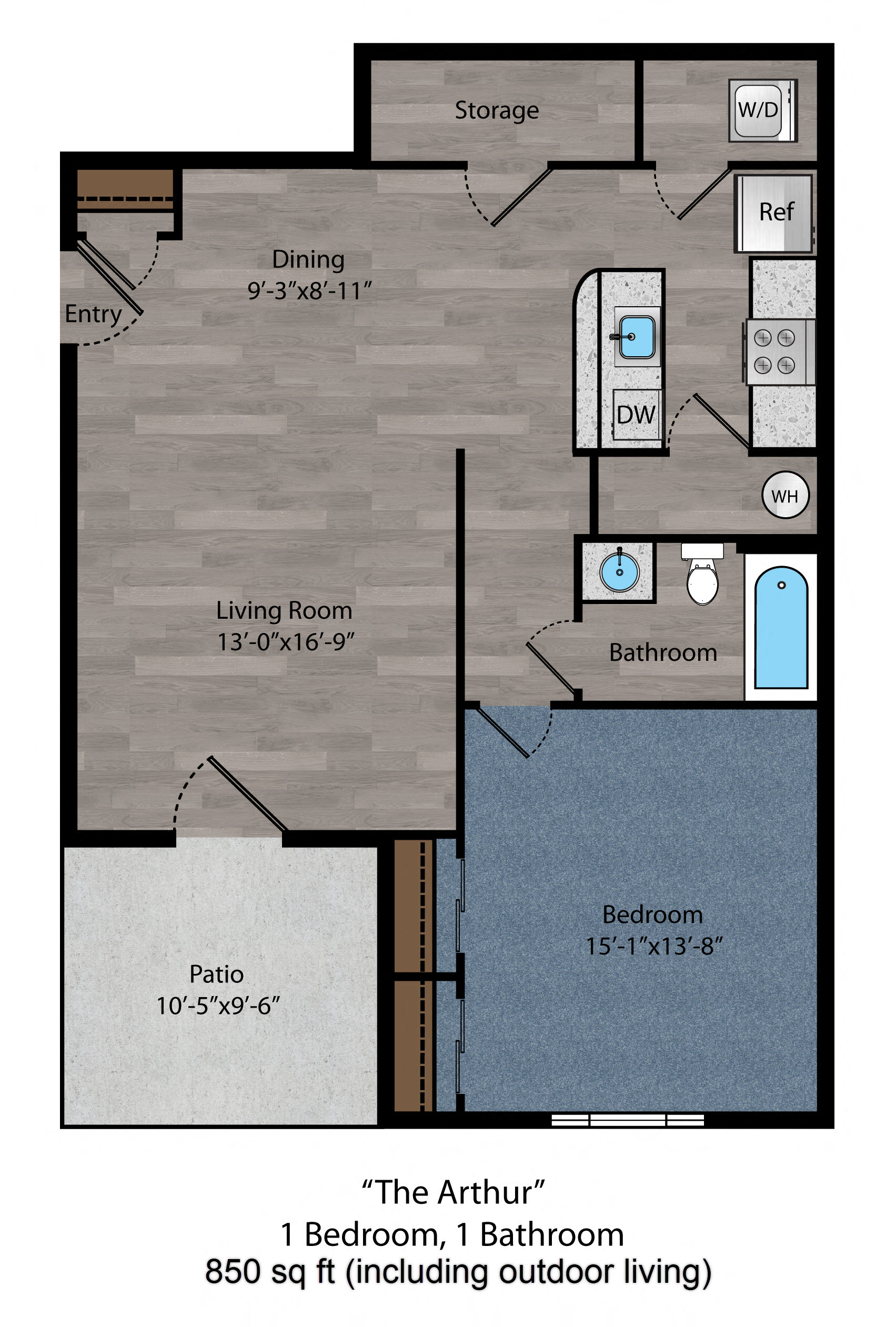 Floor plan for 1 bed, 1 bath, 784 sqft