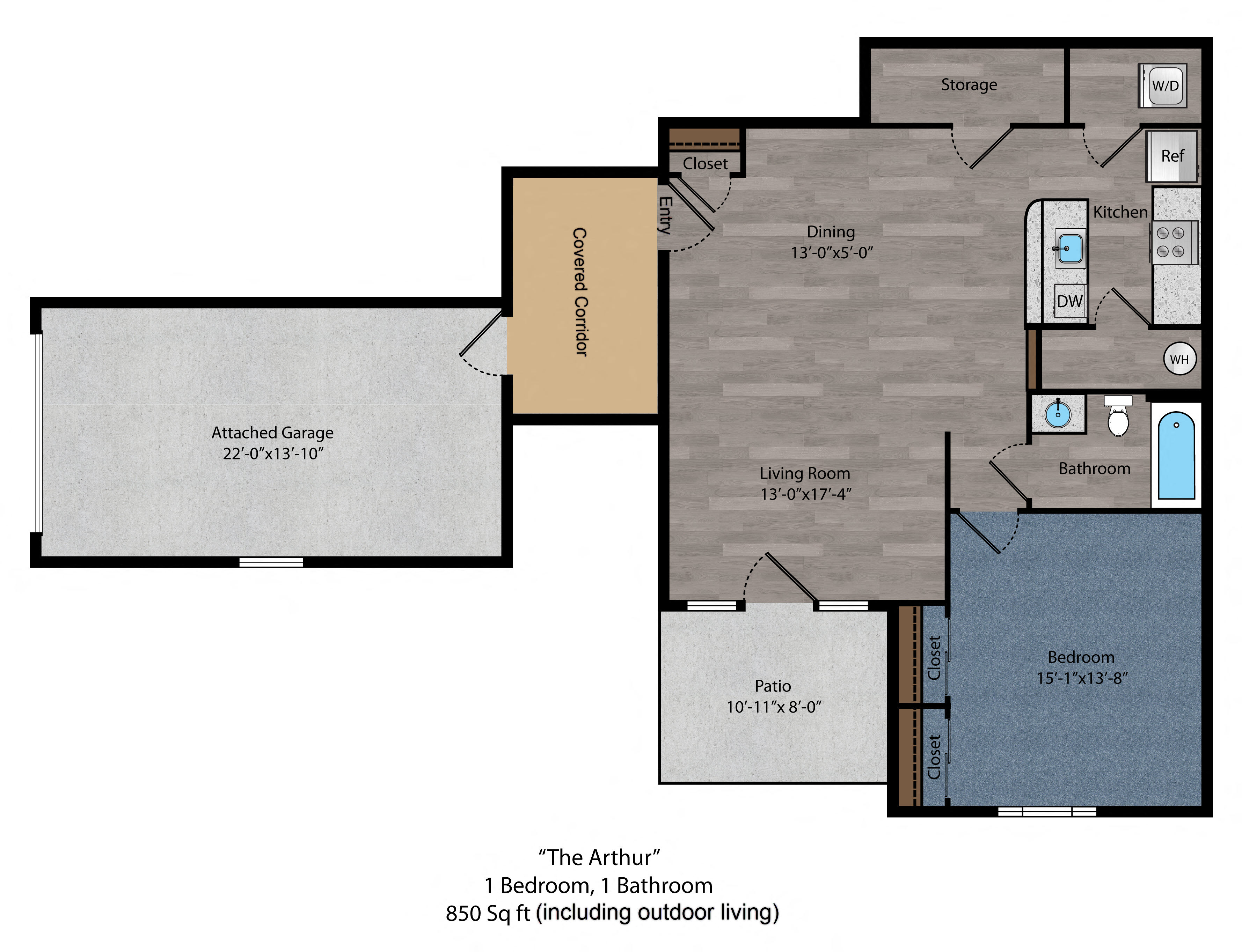 Floor plan for 1 bed, 1 bath, 762 sqft