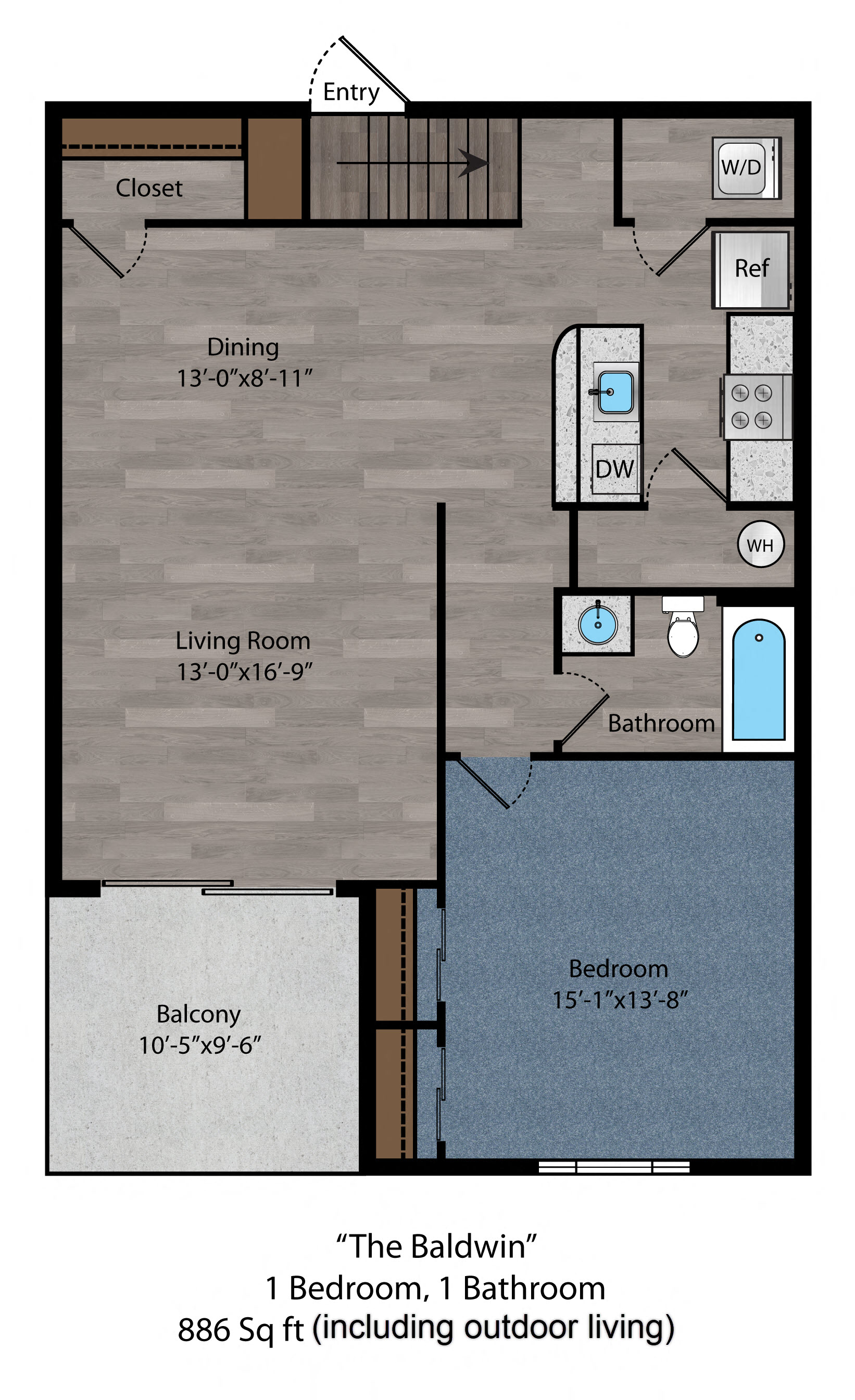 Floor plan for 1 bed, 1 bath, 798 sqft