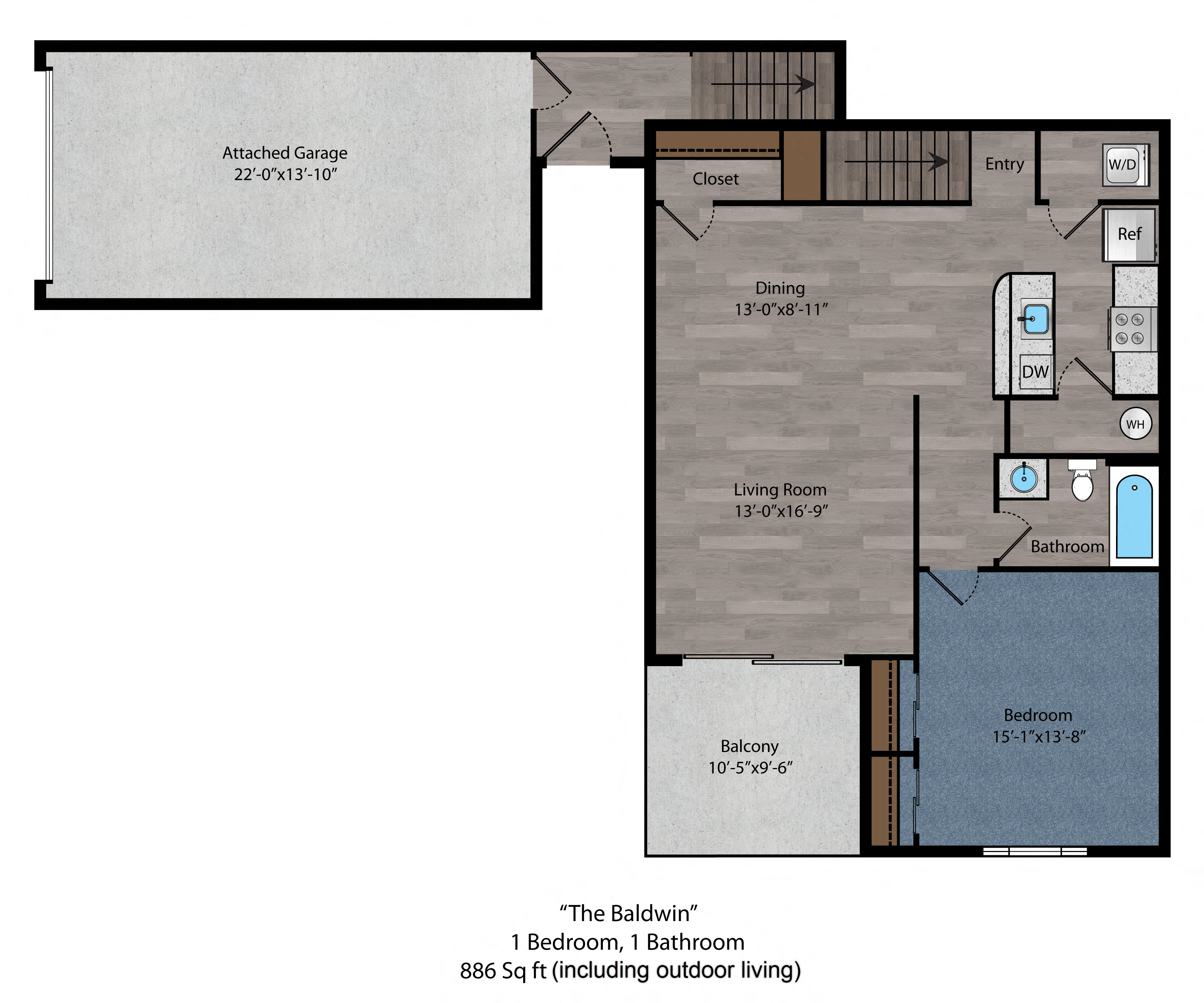 Floor plan for 1 bed, 1 bath, 798 sqft