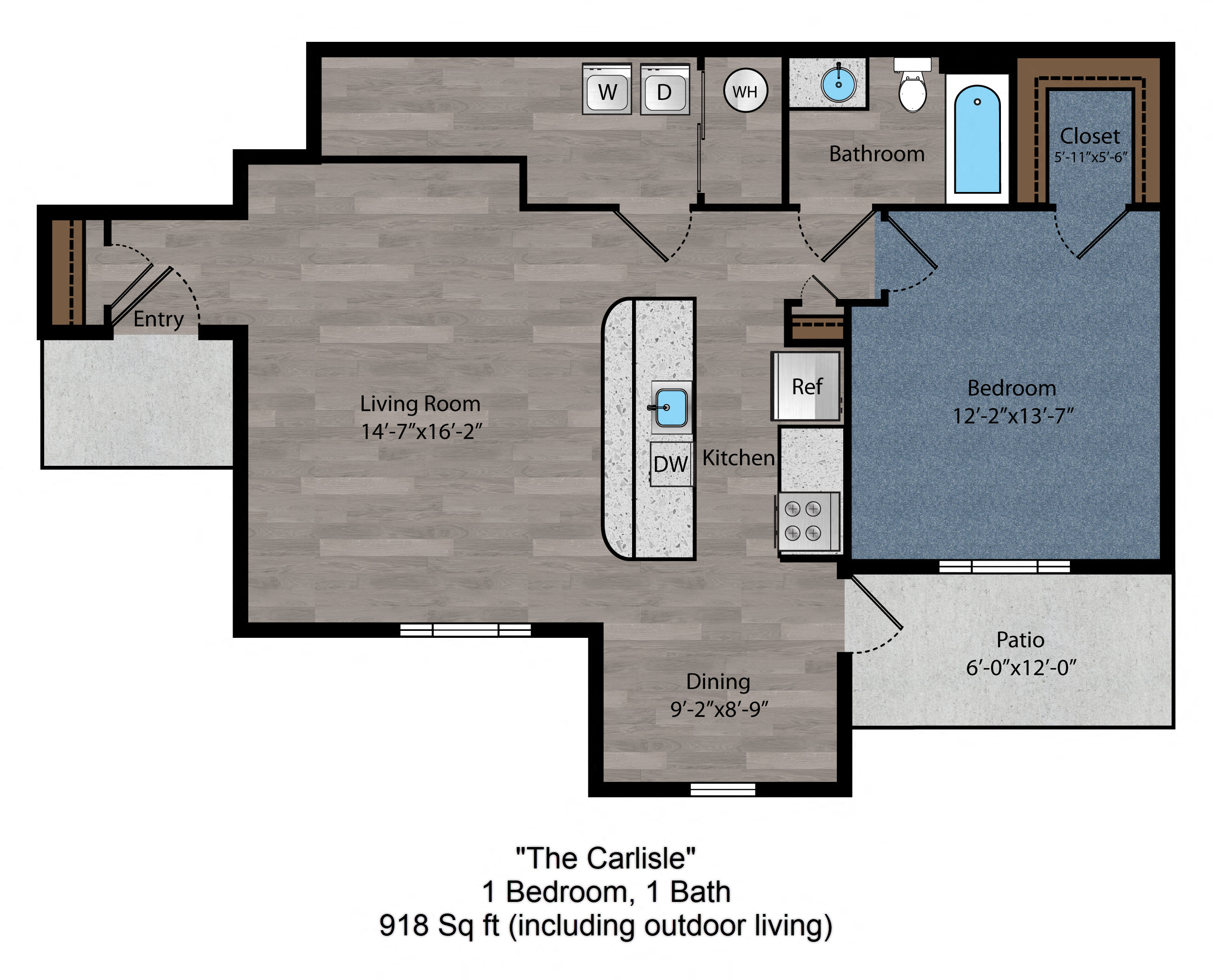 Floor plan for 1 bed, 1 bath, 846 sqft