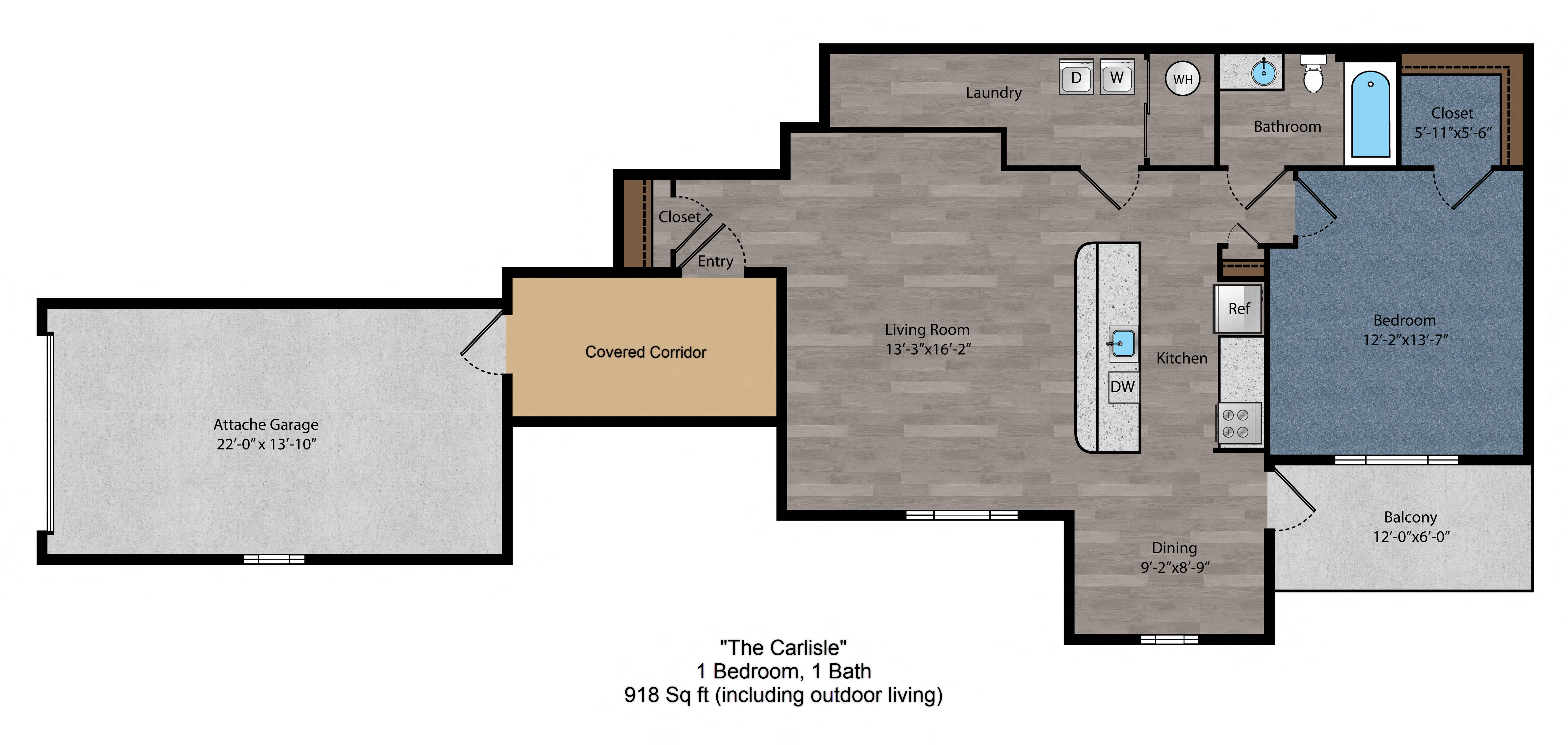 Floor plan for 1 bed, 1 bath, 846 sqft