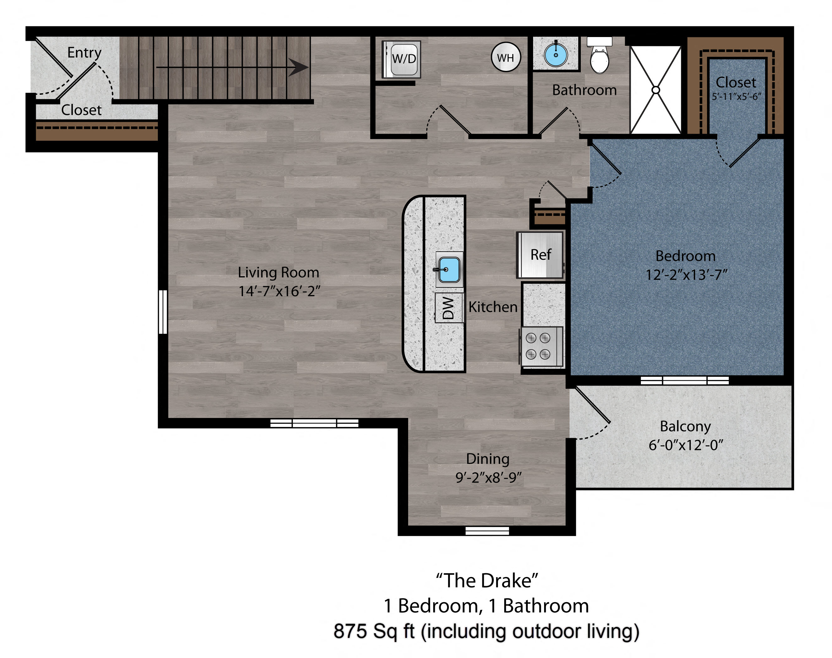 Floor plan for 1 bed, 1 bath, 803 sqft