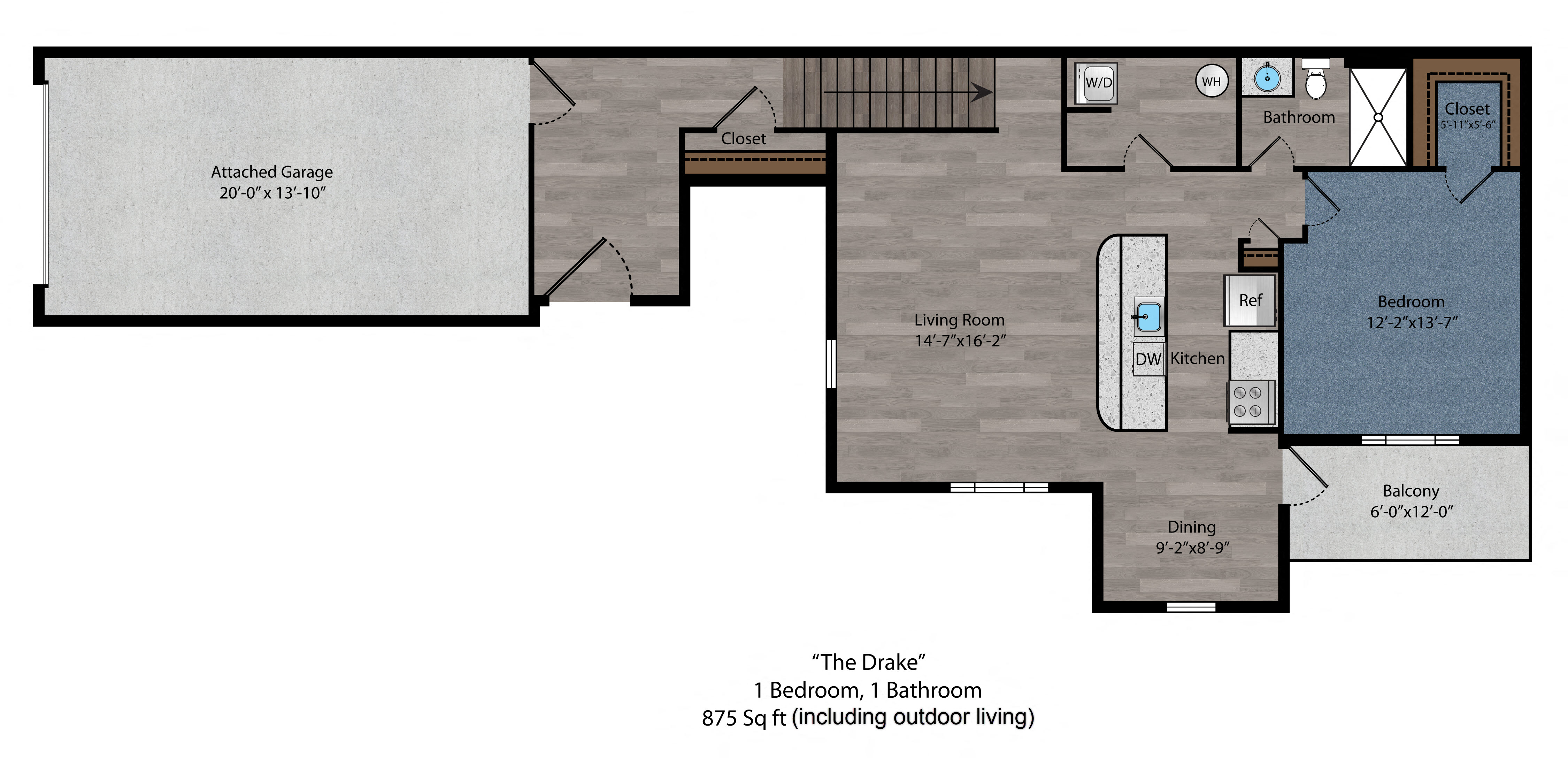 Floor plan for 1 bed, 1 bath, 803 sqft