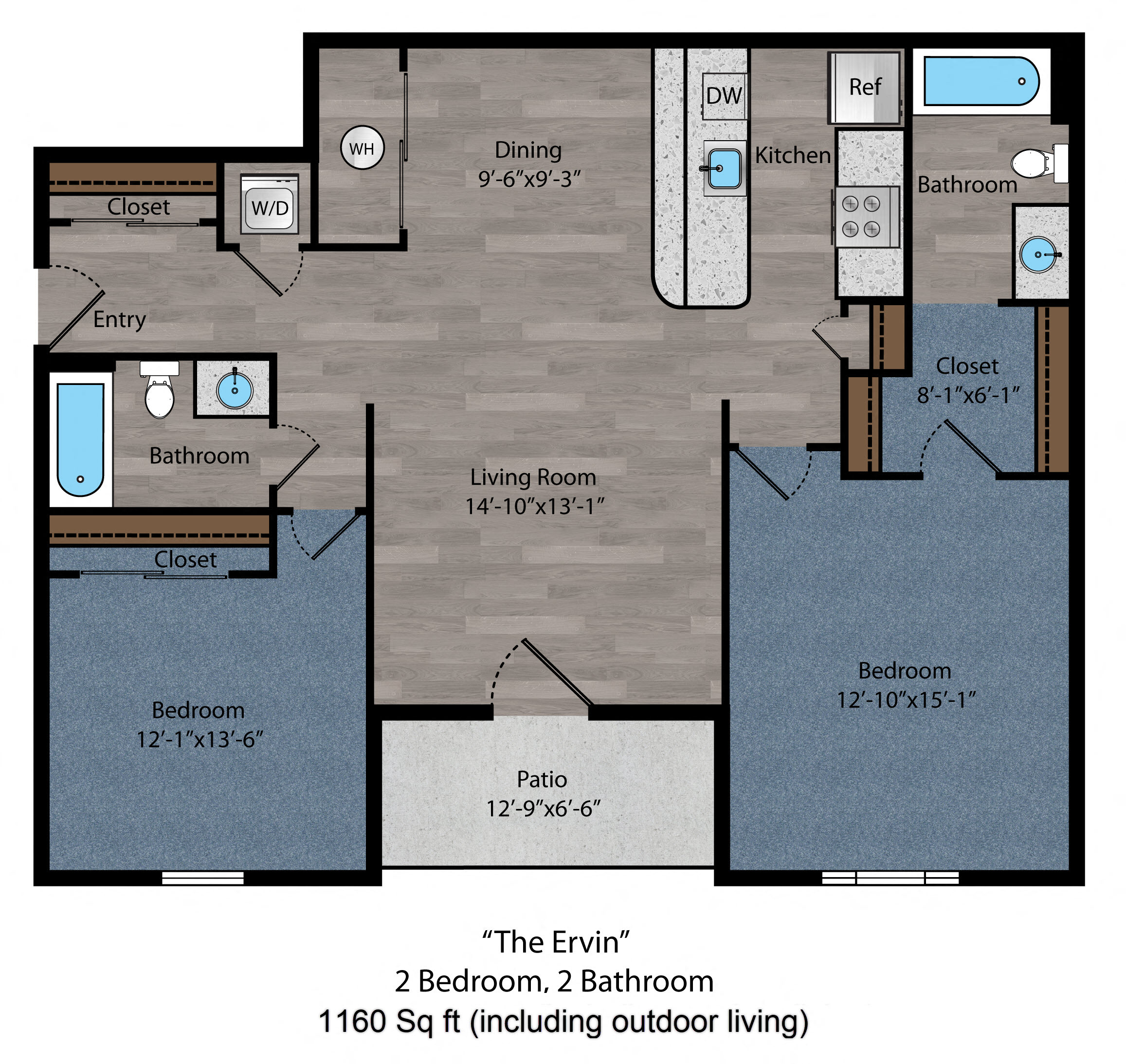 Floor plan for 2 beds, 2 baths, 1078 sqft