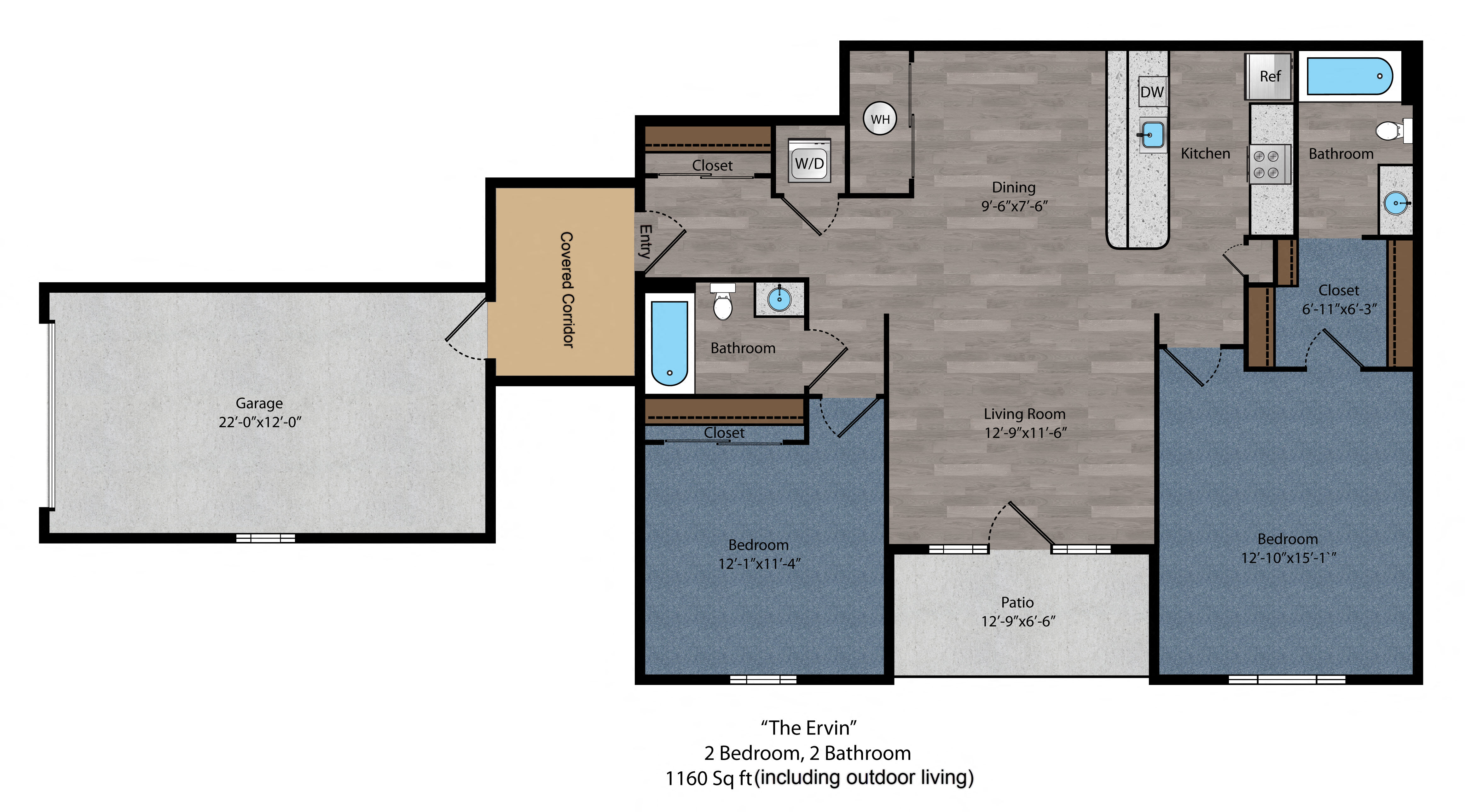 Floor plan for 2 beds, 2 baths, 1078 sqft
