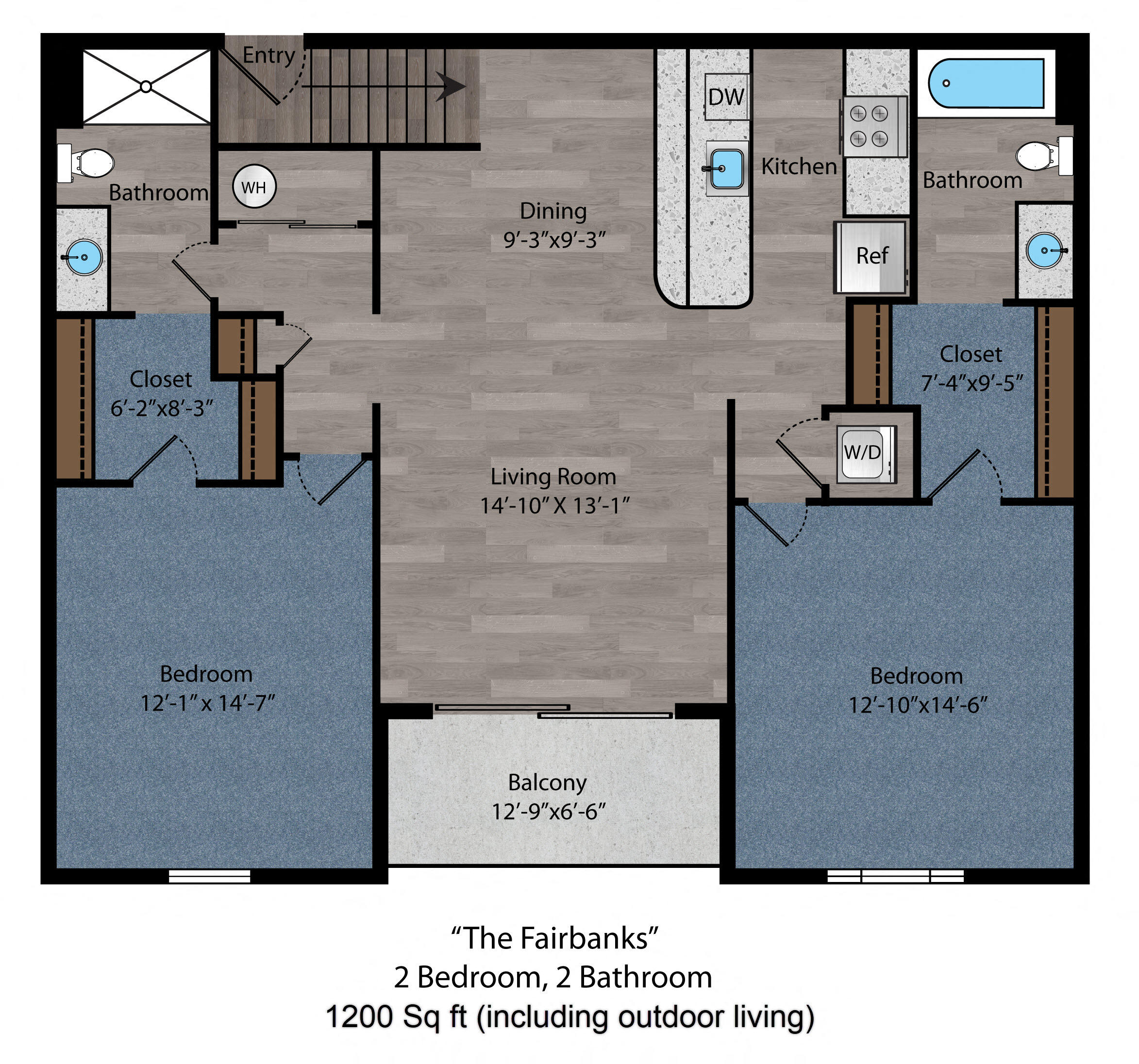 Floor plan for 2 beds, 2 baths, 1116 sqft