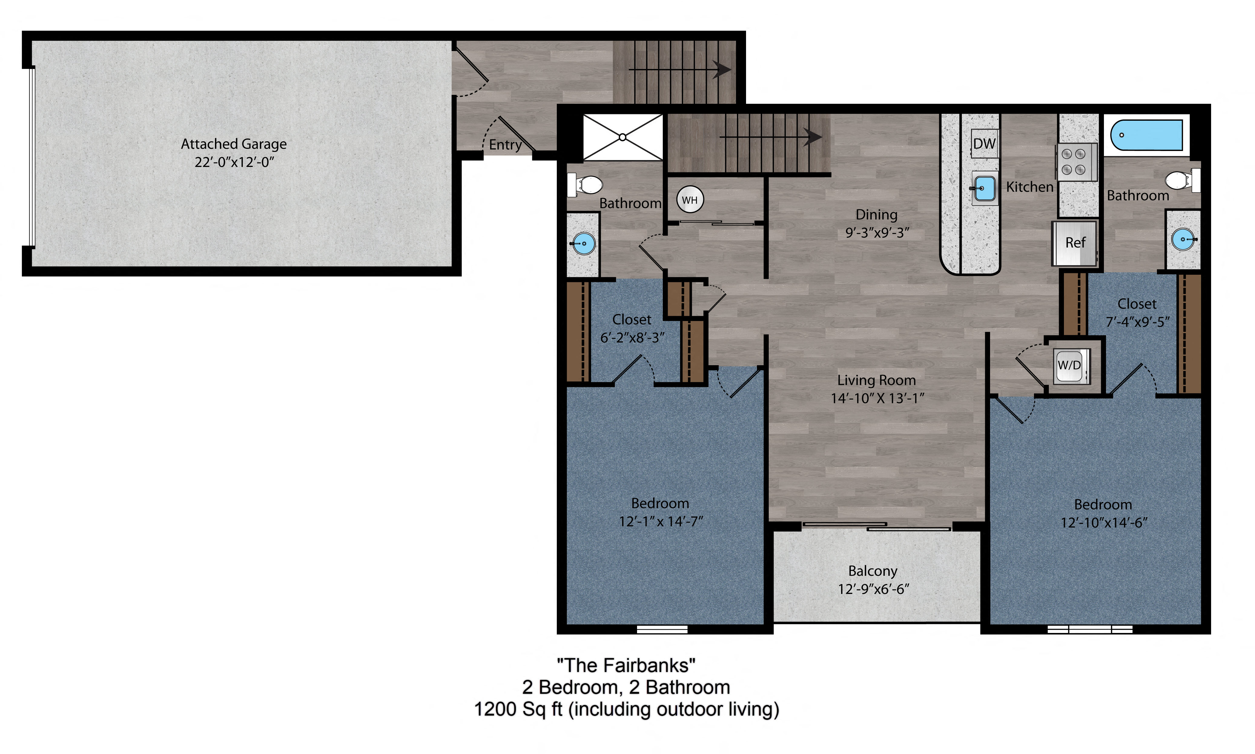 Floor plan for 2 beds, 2 baths, 1116 sqft