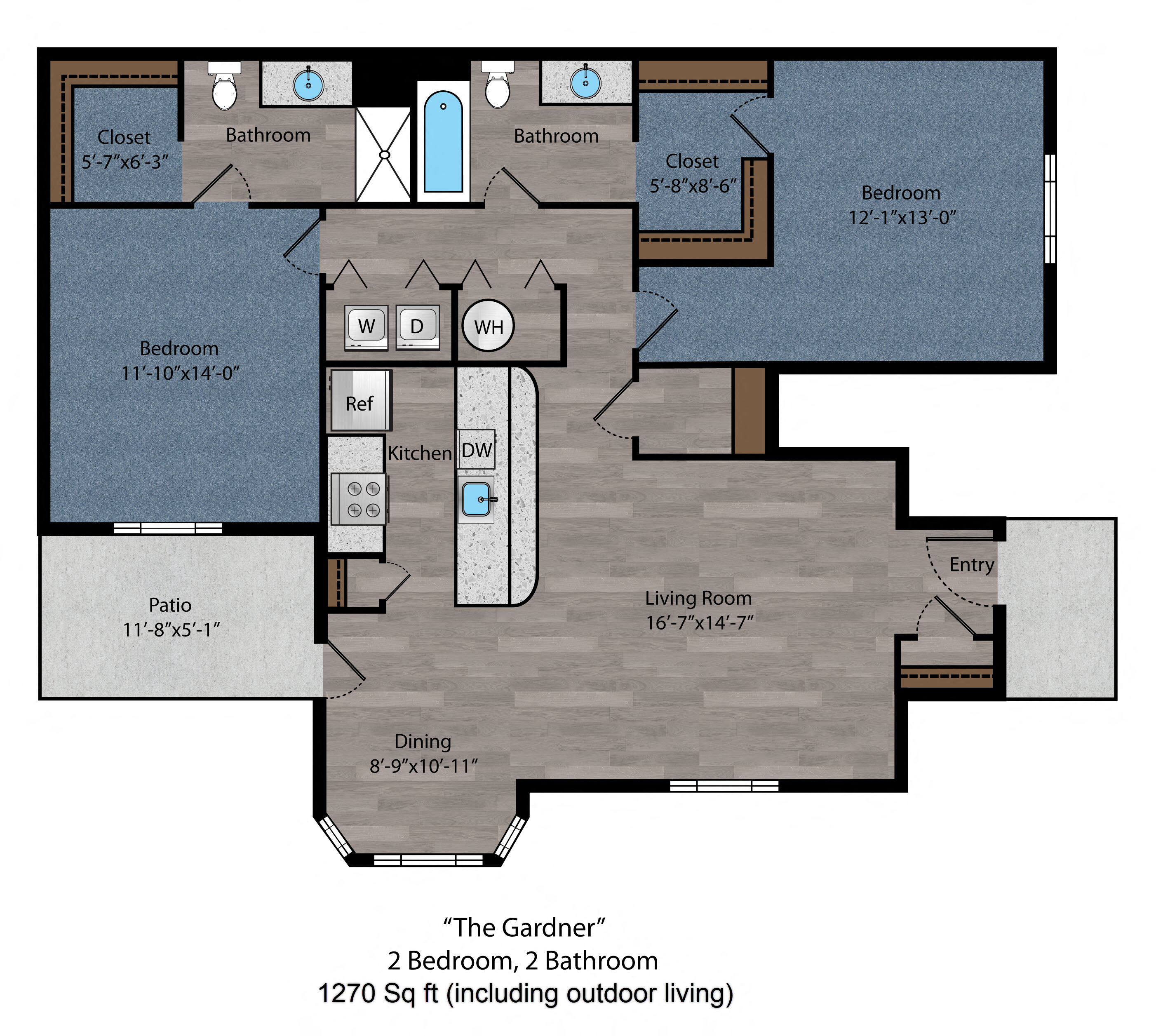 Floor plan for 2 beds, 2 baths, 1210 sqft