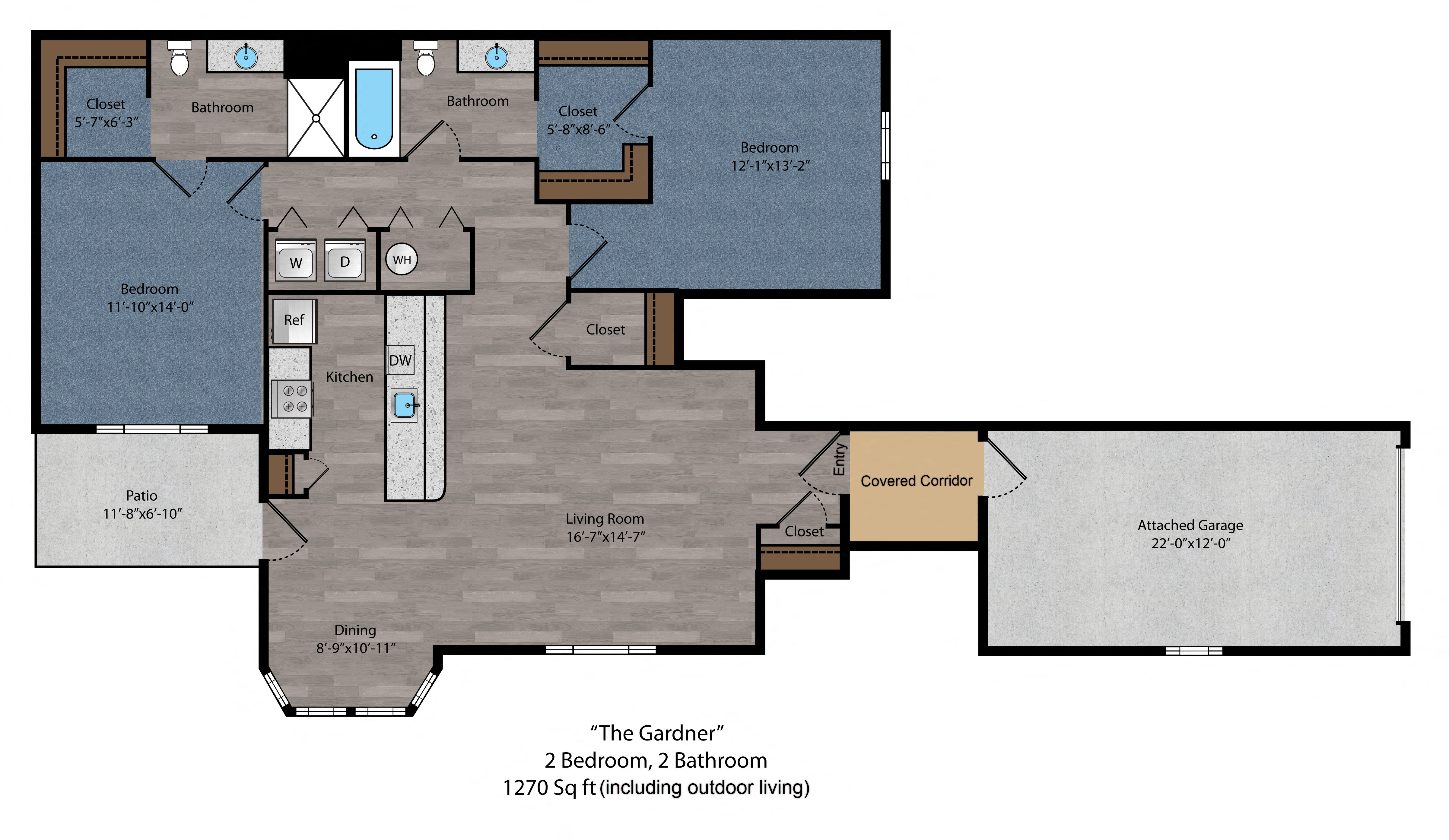 Floor plan for 2 beds, 2 baths, 1210 sqft