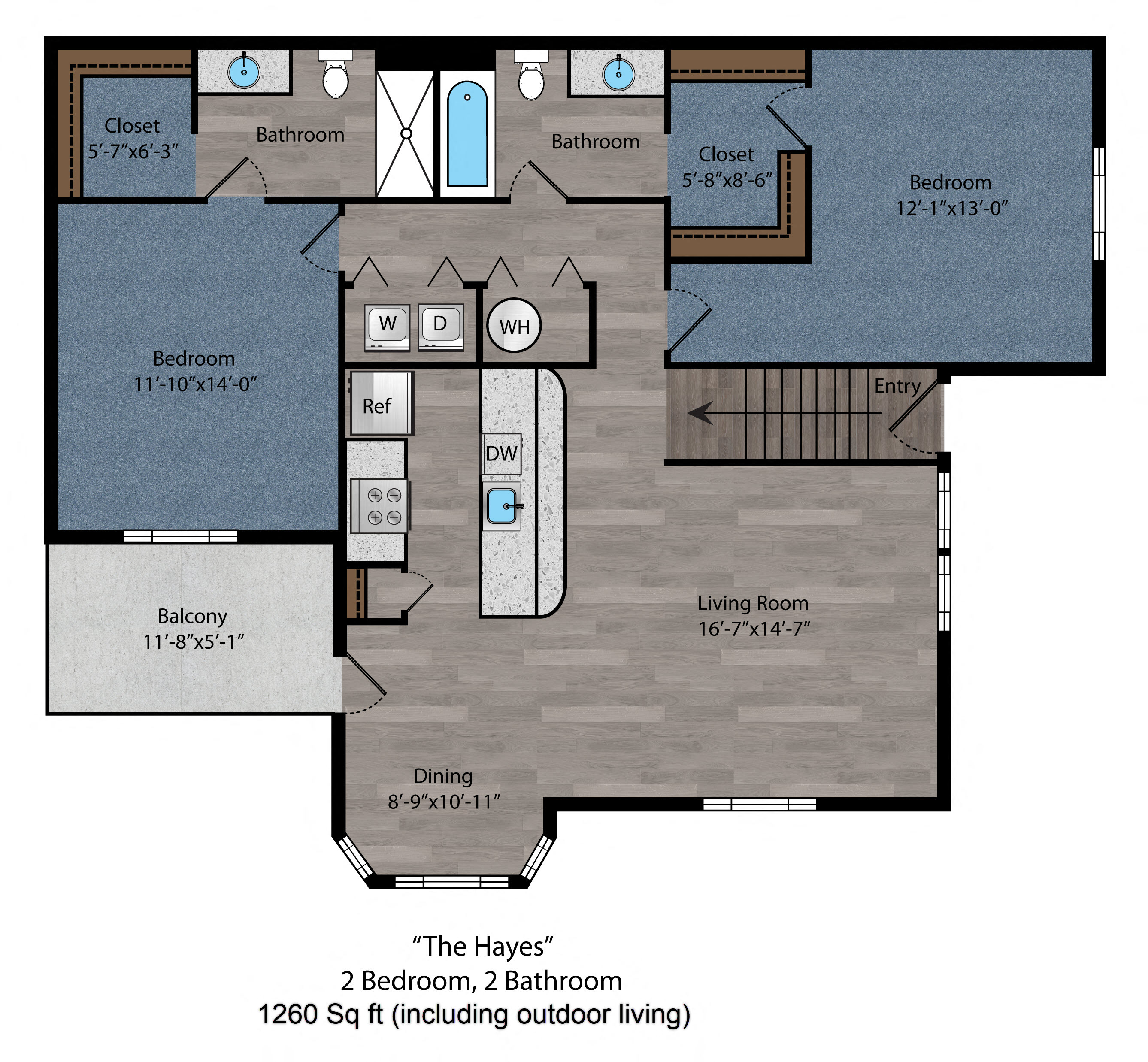 Floor plan for 2 beds, 2 baths, 1194 sqft