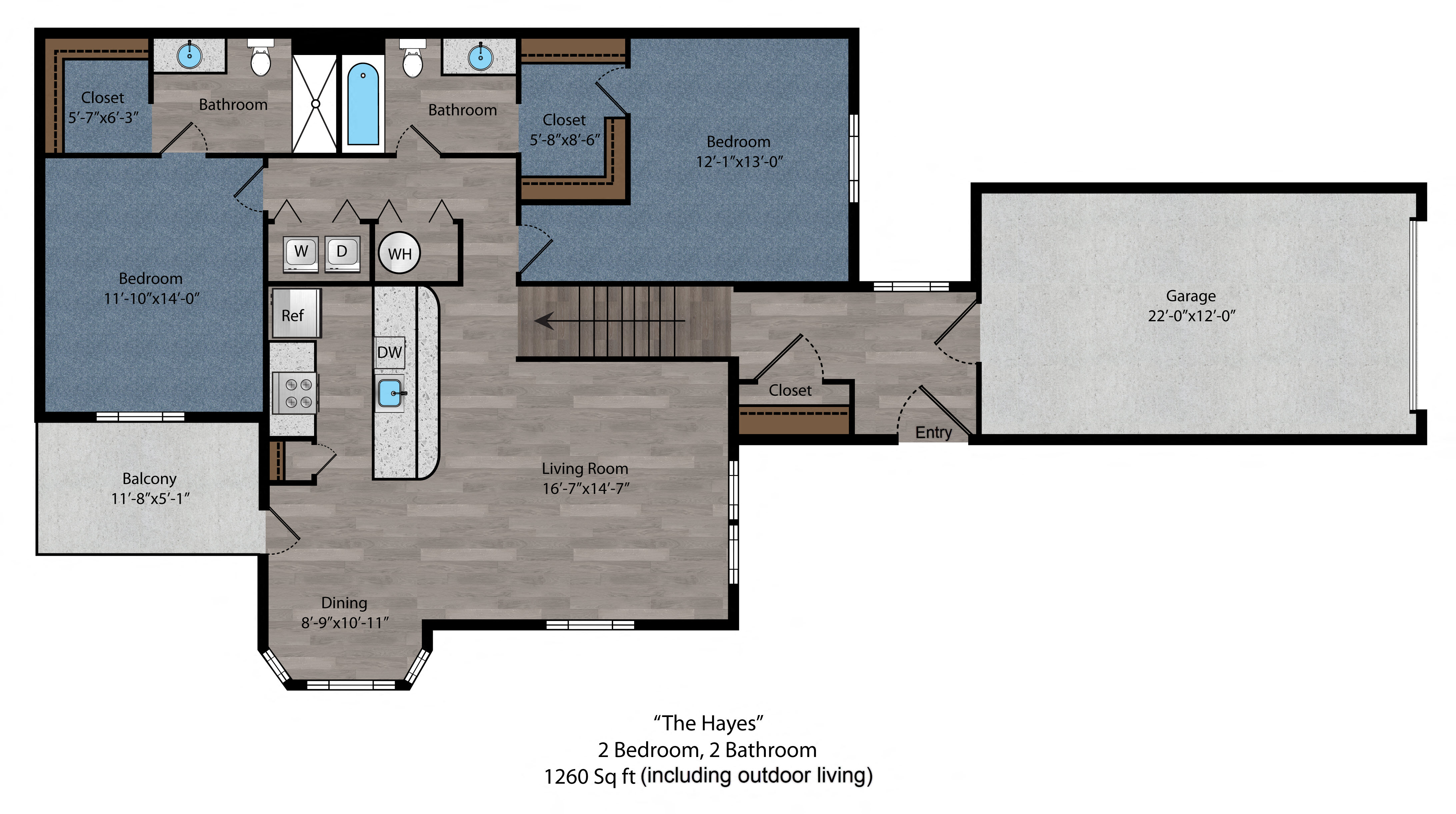 Floor plan for 2 beds, 2 baths, 1194 sqft