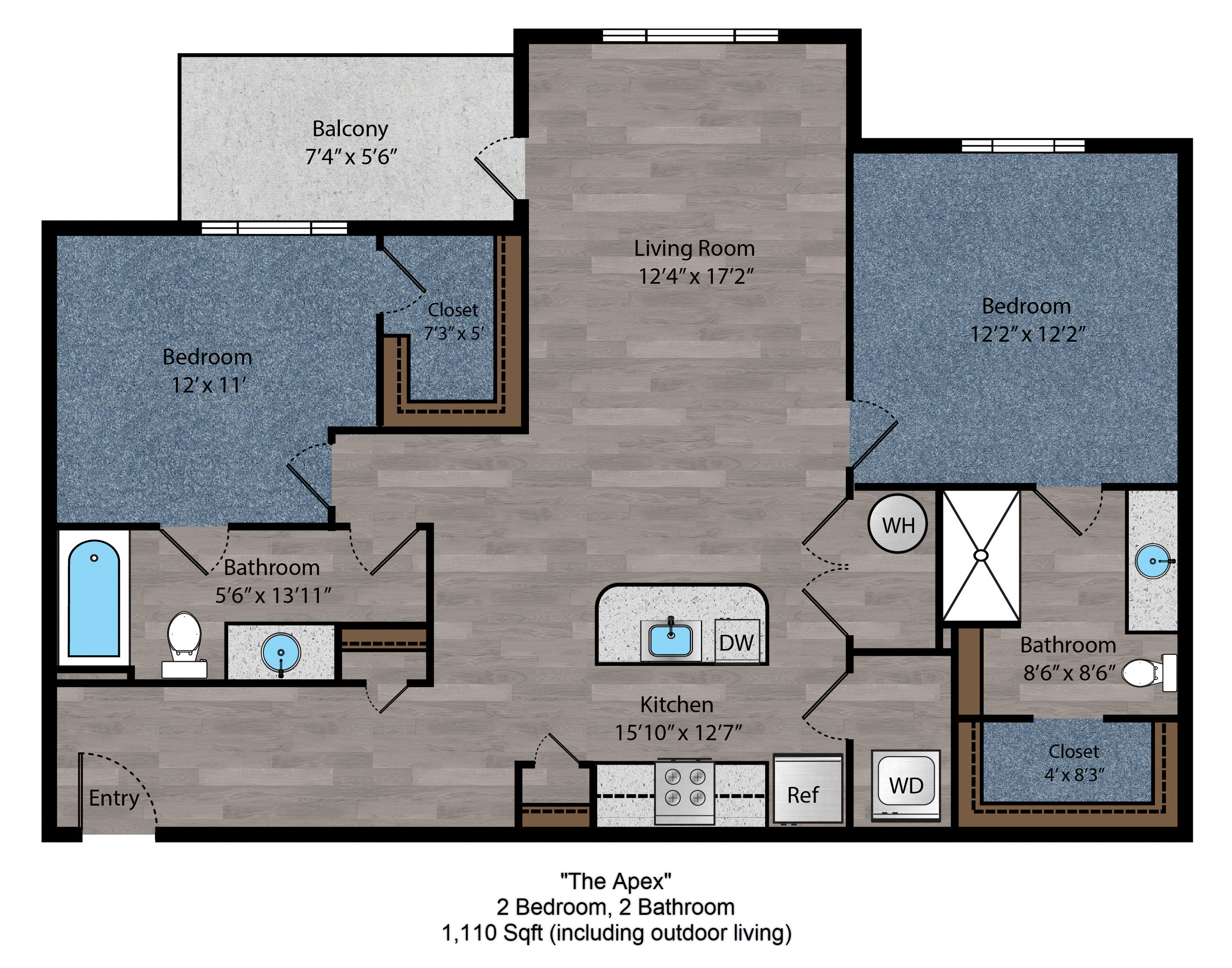 Floor plan for 2 beds, 2 baths, 1146 sqft
