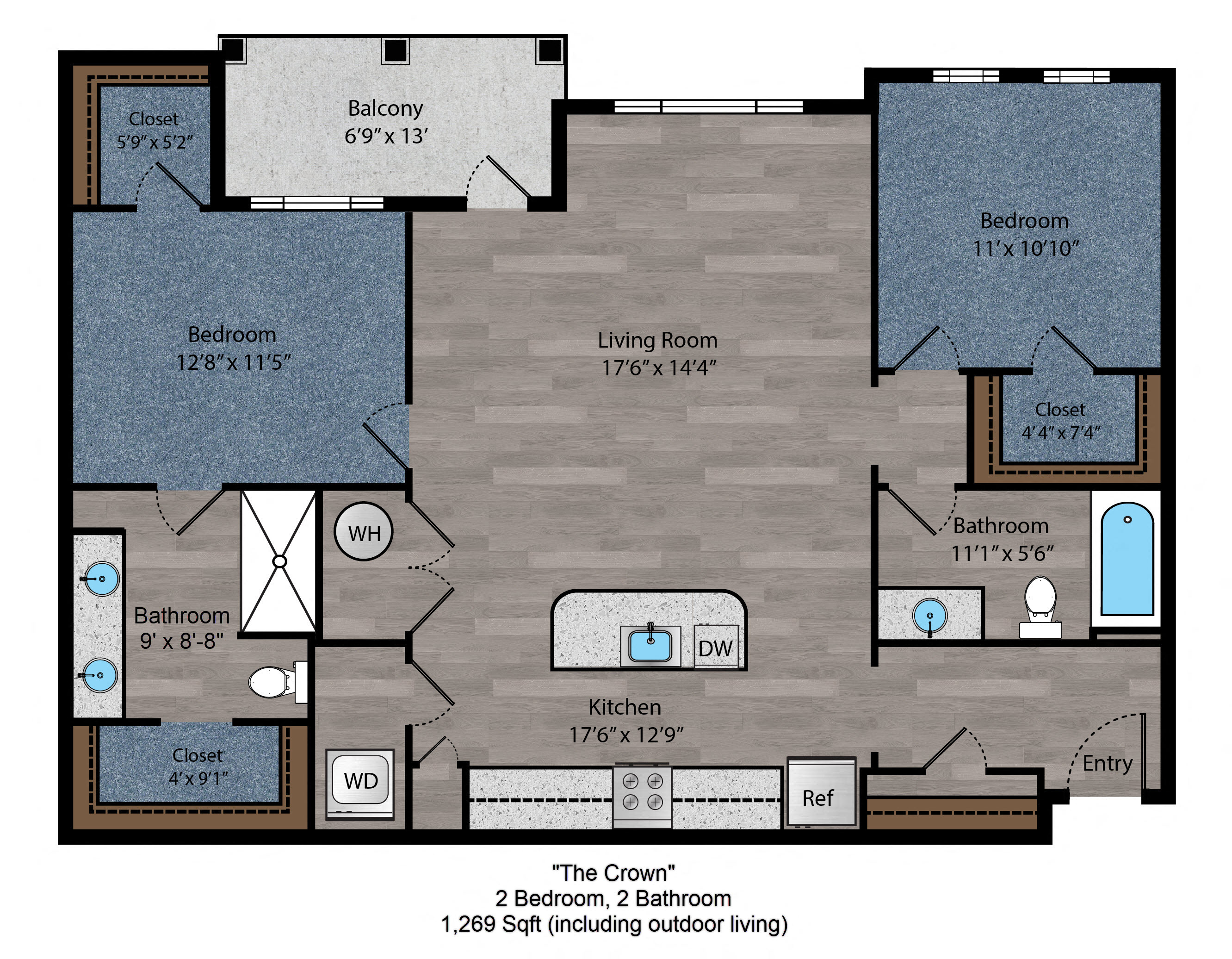 Floor plan for 2 beds, 2 baths, 1179 sqft