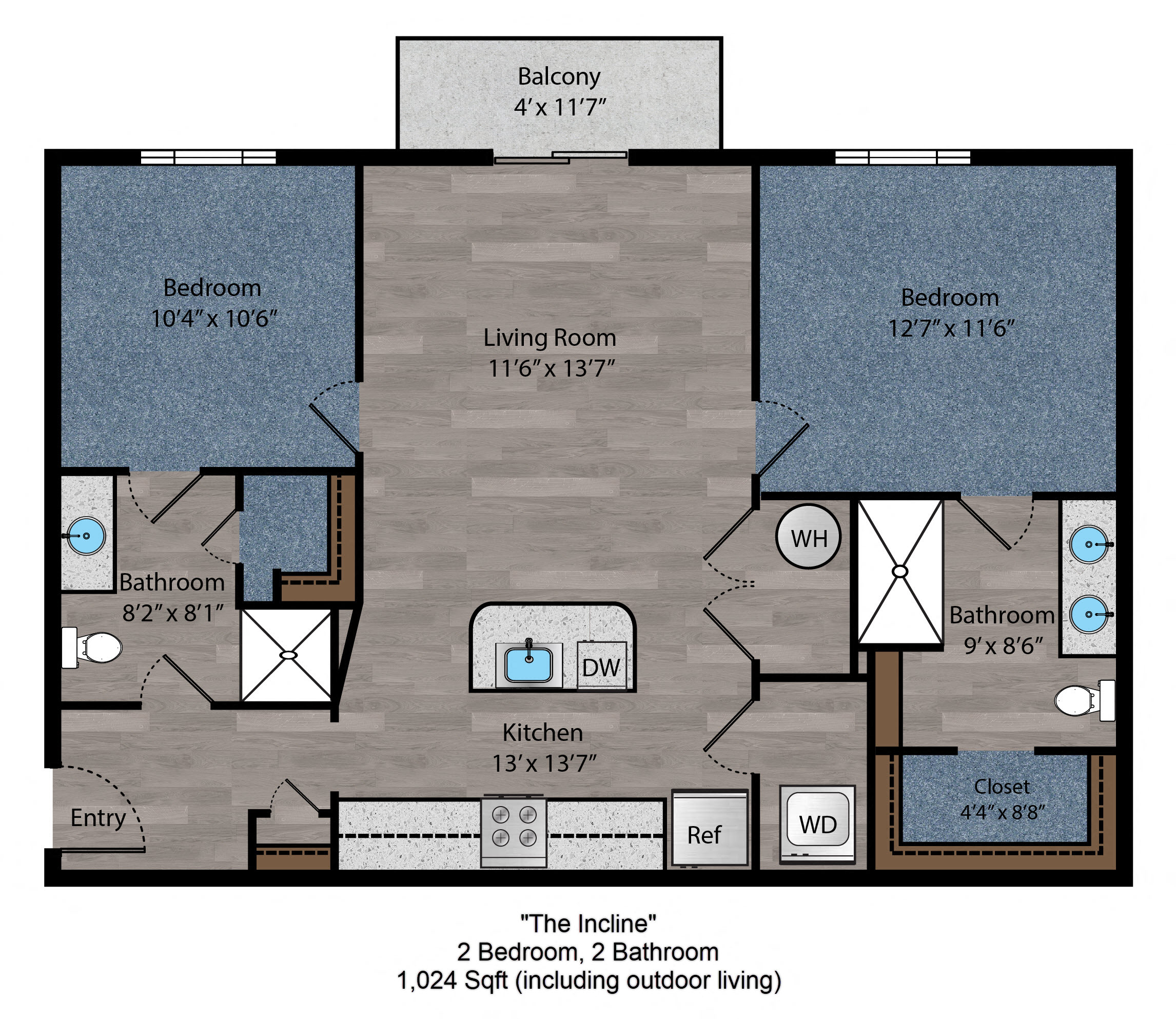 Floor plan for 2 beds, 2 baths, 977 sqft