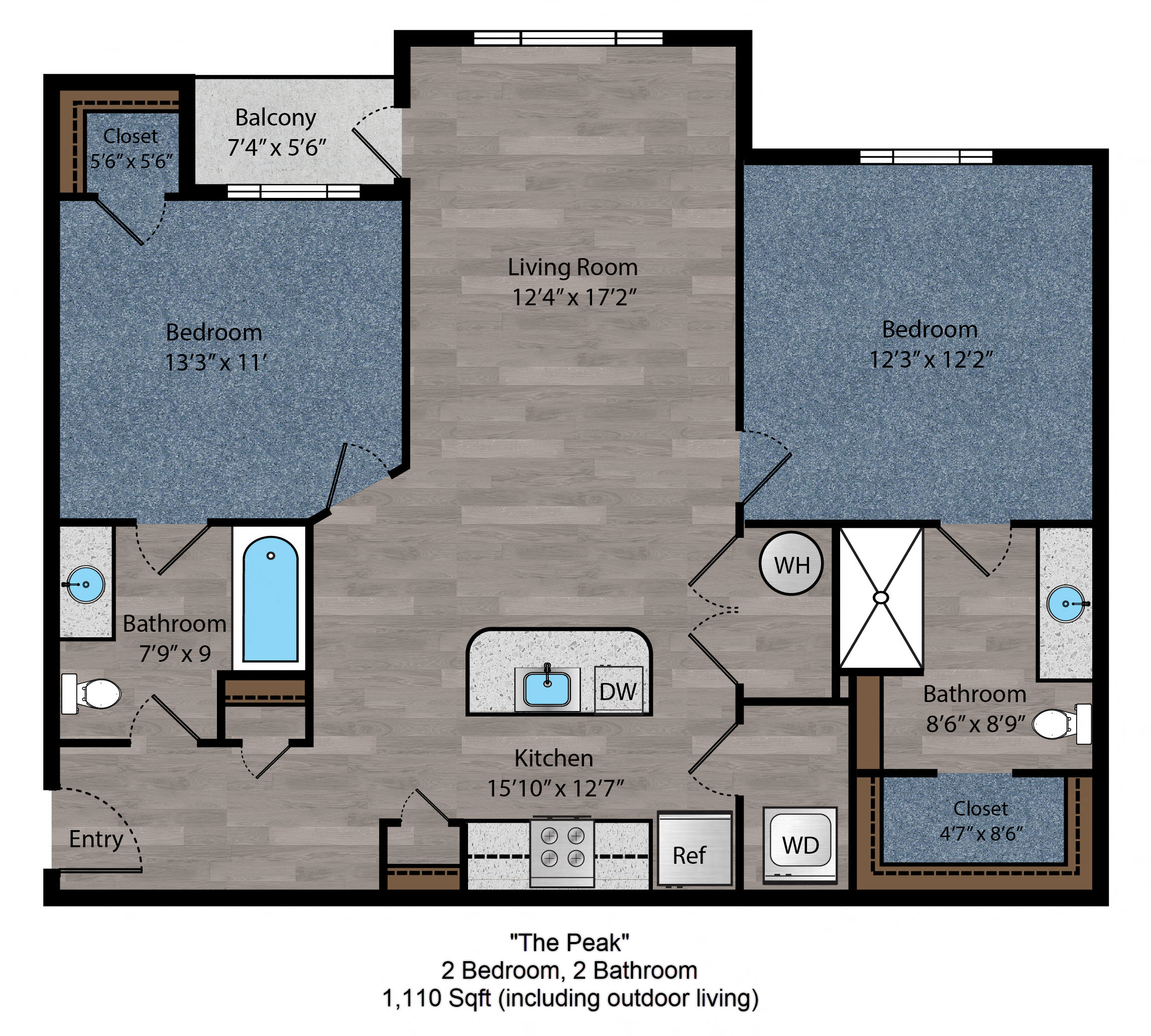 Floor plan for 2 beds, 2 baths, 1072 sqft