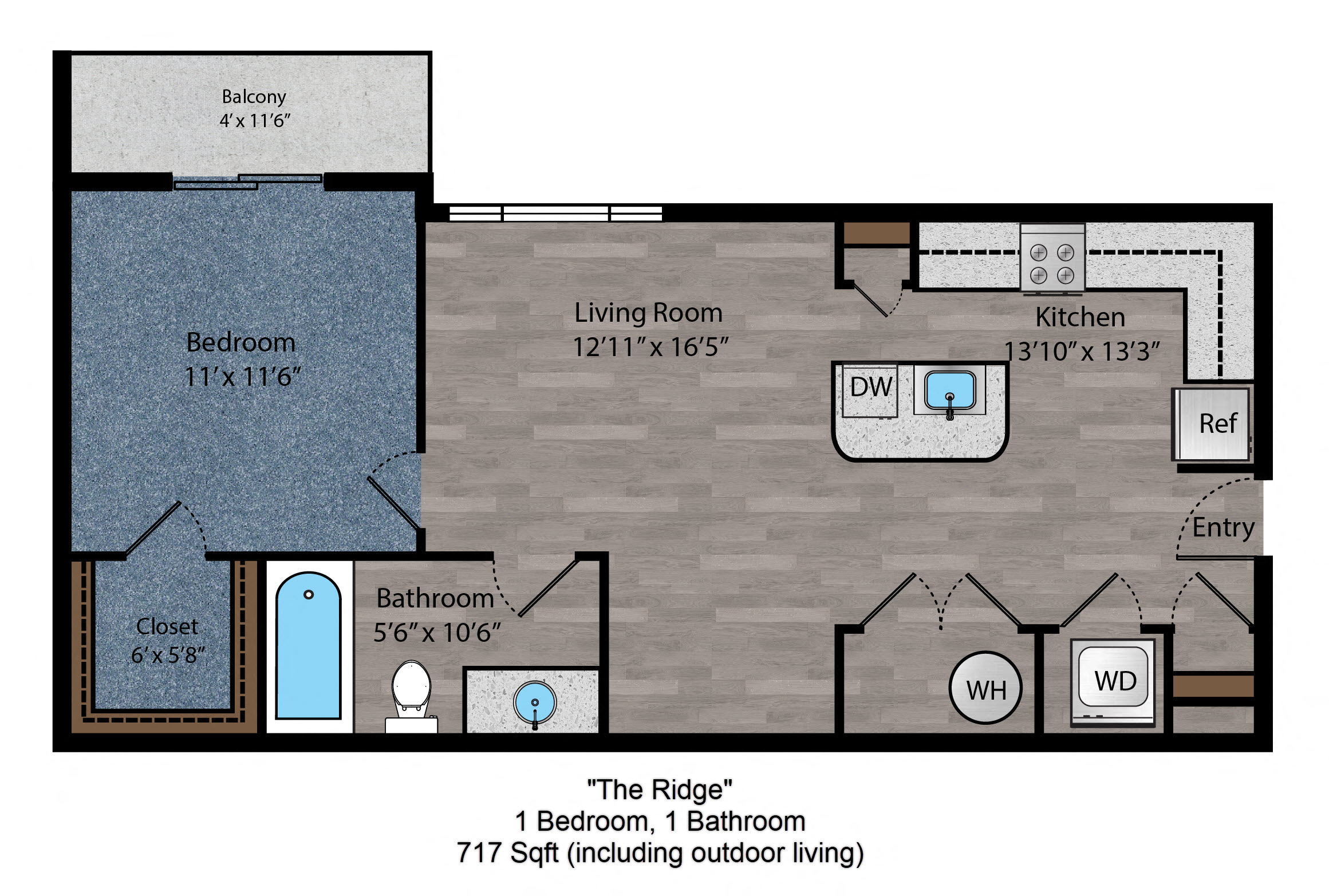 Floor plan for 1 bed, 1 bath, 670 sqft