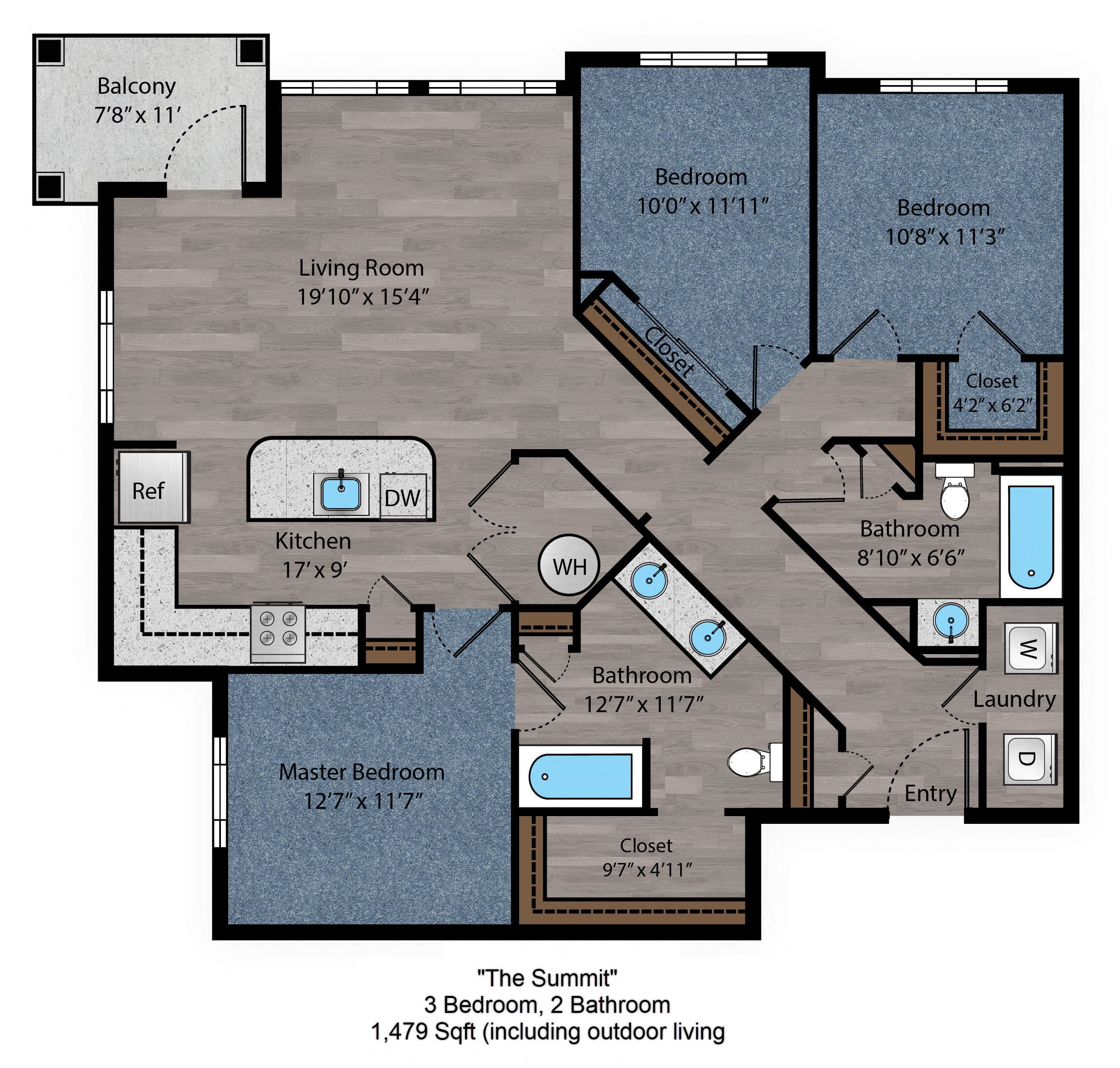 Floor plan for 3 beds, 2 baths, 1406 sqft