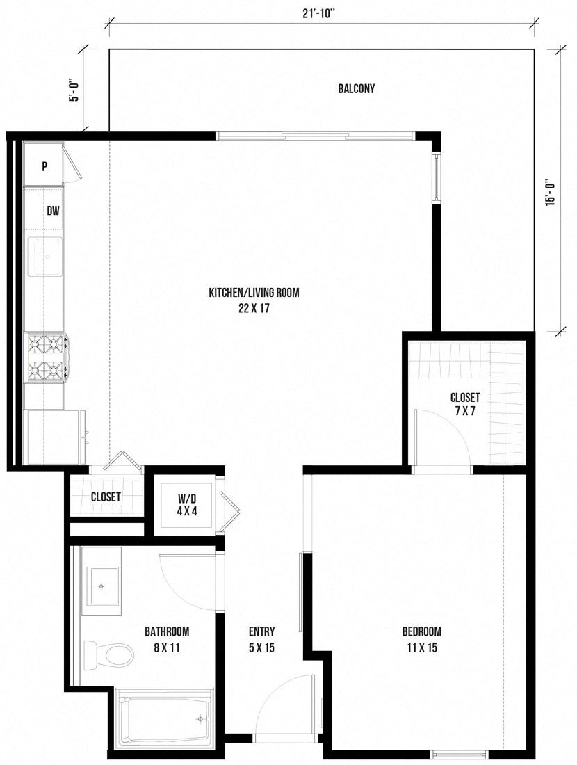Floor plan for 1 bed, 1 bath, 742 sqft