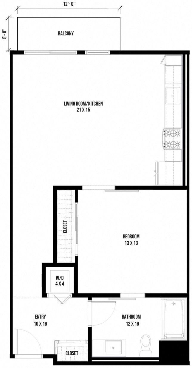 Floor plan for 1 bed, 1 bath, 784 sqft